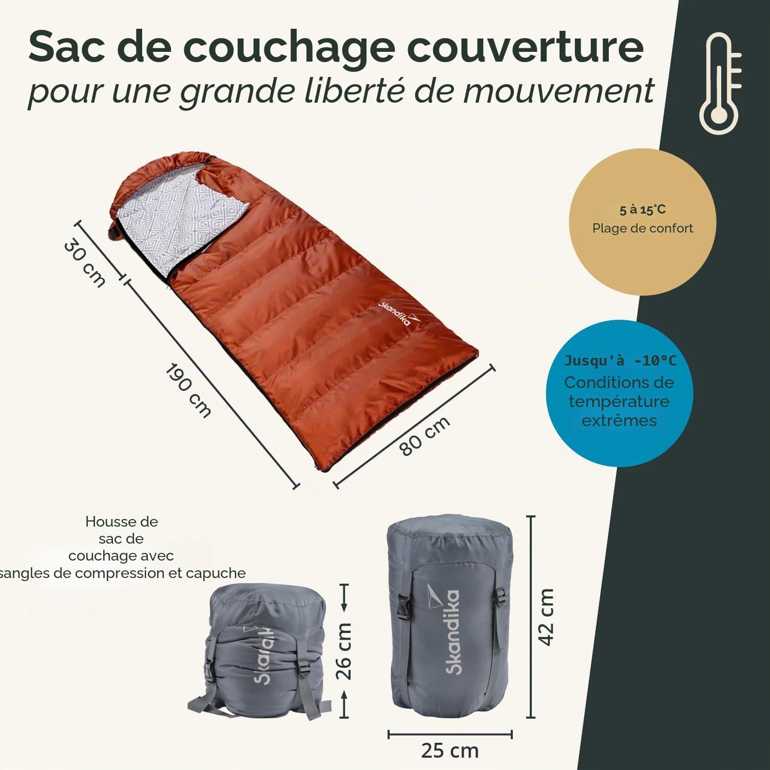 Skandika Sac de couchage Iceland - Avec doublure intérieure en polycoton - Pour adulte - Peut être couplé - 3 saisons - Jusqu'à 5 °C - 220 x 80 cm - Sac de compression - Pour l'hiver et l'extérieur