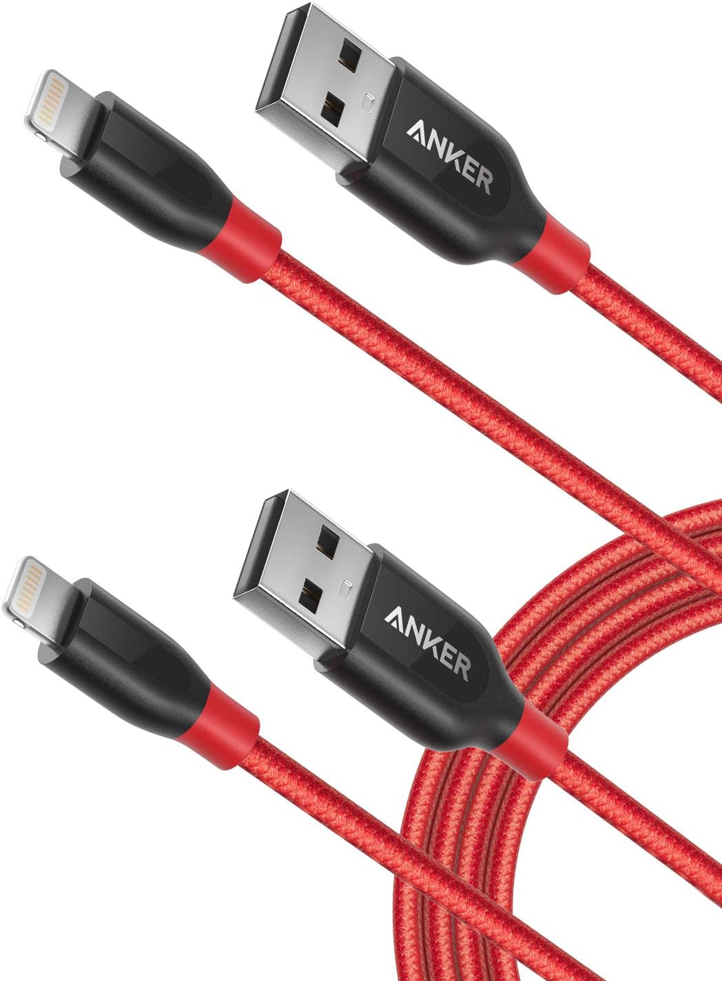 Anker [2-Pack] Powerline+ Lightning Cable (6ft) Durable and Fast Charging Cable [Aramid Fiber & Double Braided Nylon] for iPhone X / 8/8 Plus / 7/7 Plus / 6/6 Plus / 5s / iPad and More (Red)