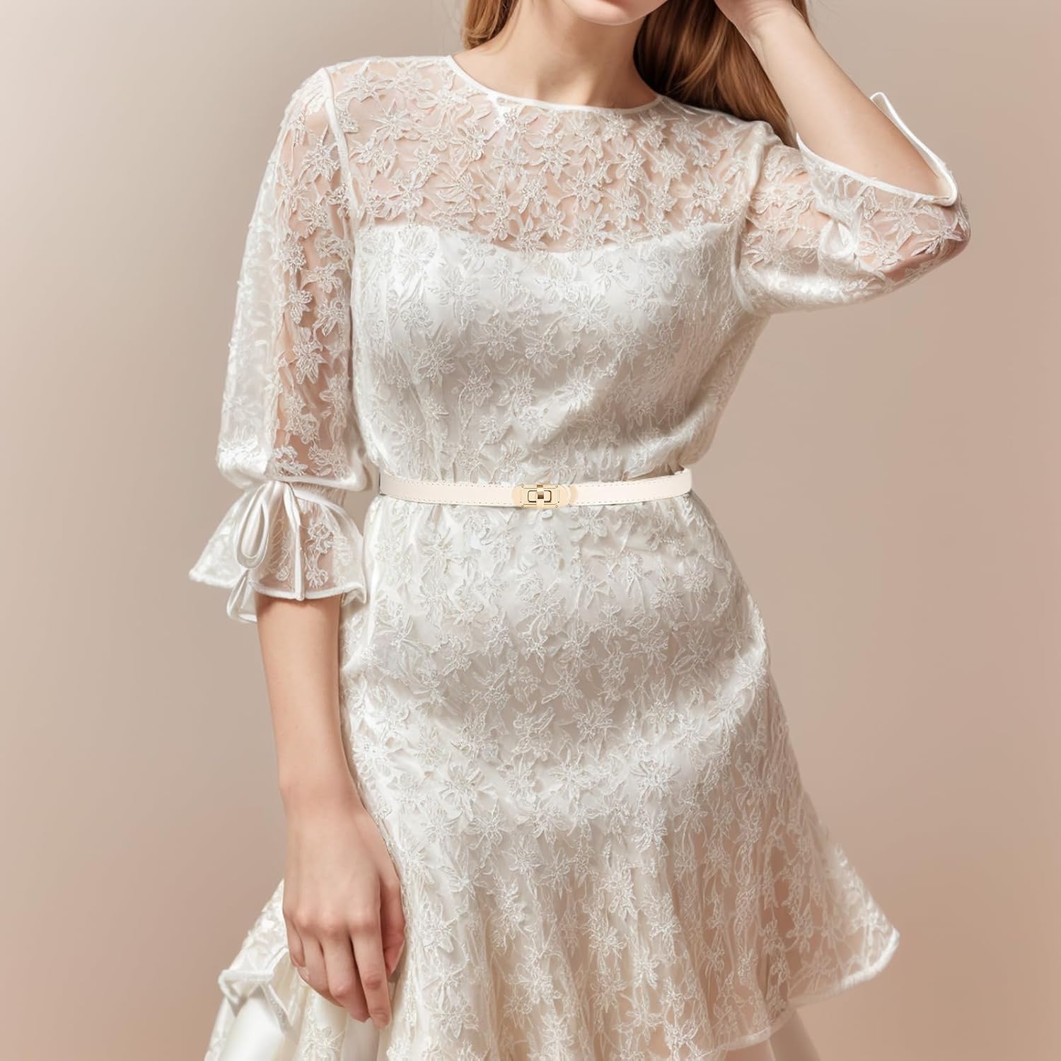 Adjustable Thin Belt For Women Skinny Belts For Dress Women Solid Color Alloy Turn Lock Belt For Jeans Coat,Khaki - Image 2