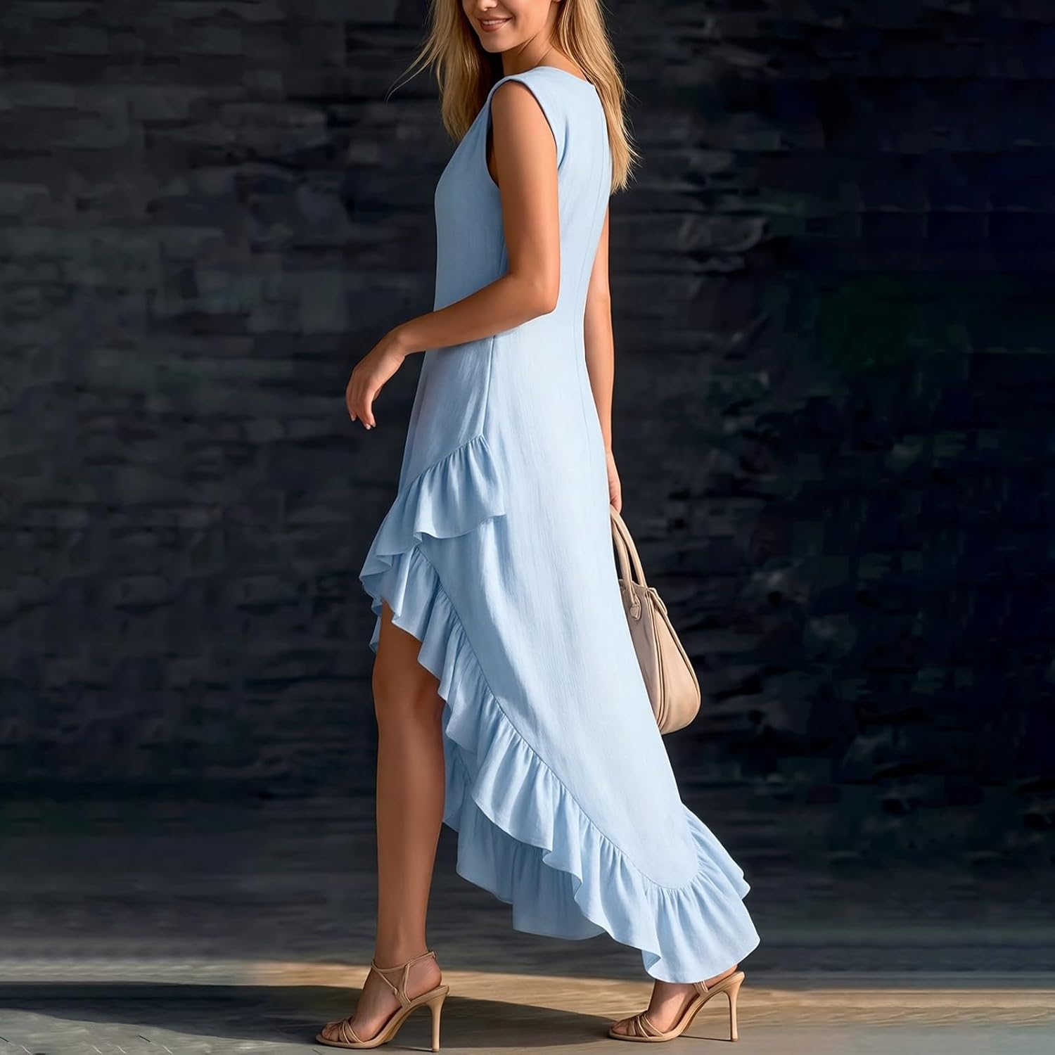Cotton Linen Dresses for Women 2026 V Neck Sleeveless High Low Ruffle Hem Summer Beach Sundress Casual Flowy Dress