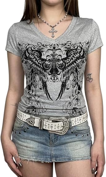 Y2K Tops Grunge Clothes for Women Alt Goth Shirts 2000s Clothing Vintage Graphic V Neck Slim Fit Short Sleeve Tee