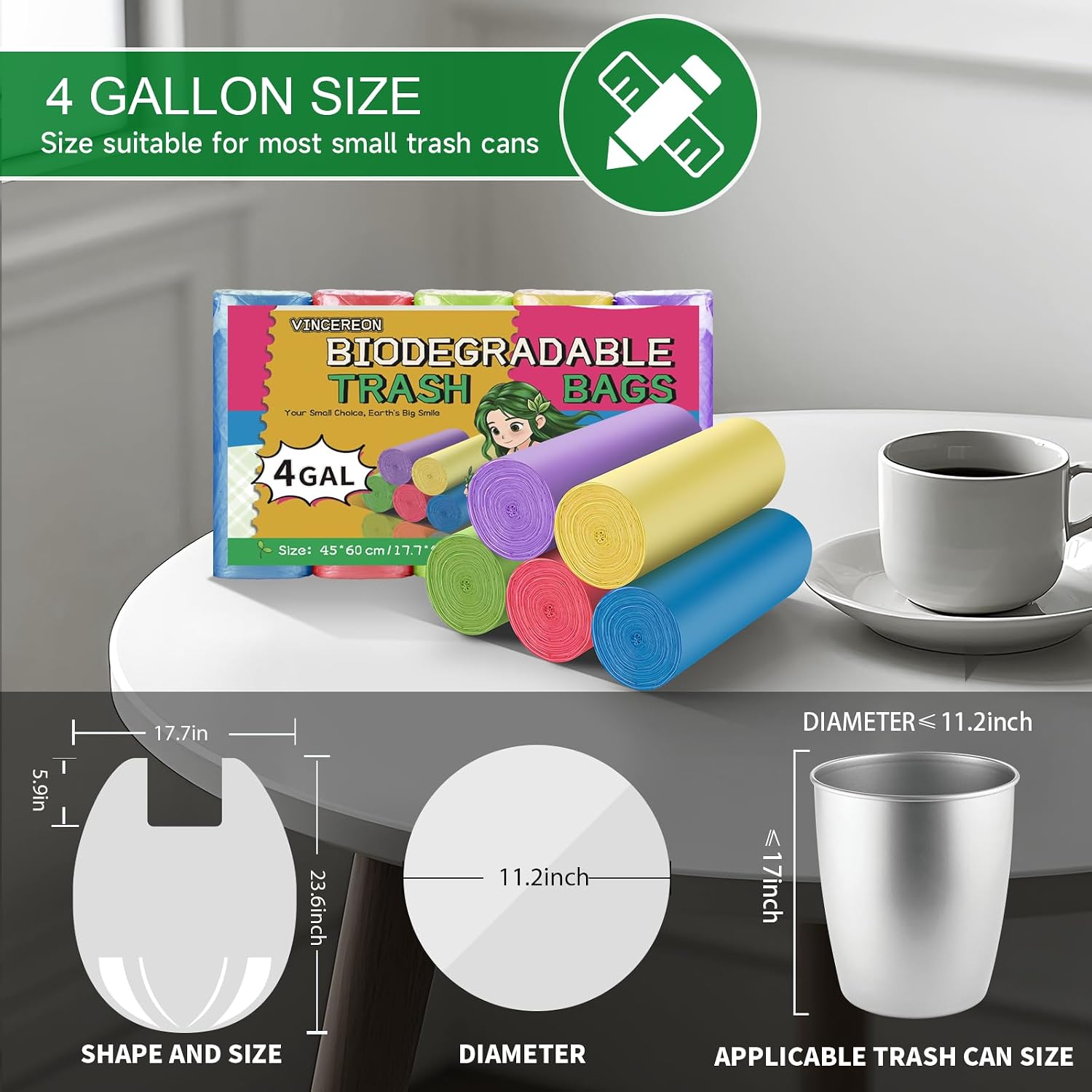 4 Gallon Small Bathroom Trash Bags Biodegradable With Handles
