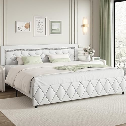 Miniatura 93 de BarnFurin - Base de cama matrimonial con cabecera capitoné, plataforma tapizada con diseño de diamante, base de colchón, soporte de listones de