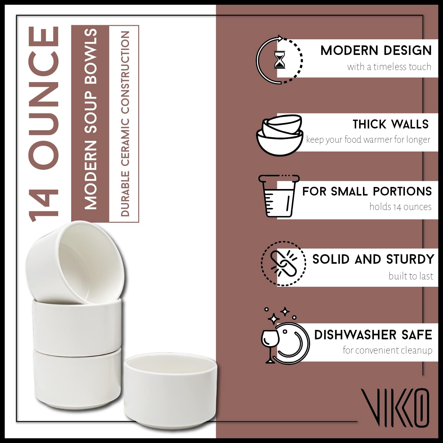 Vikko Modern Soup Bowls, Set of 6 Matte White Porcelain Bowls, Stackable 14 oz Elegant Restaurant Style Soup Bowl Set, Microwave and Dishwasher Safe