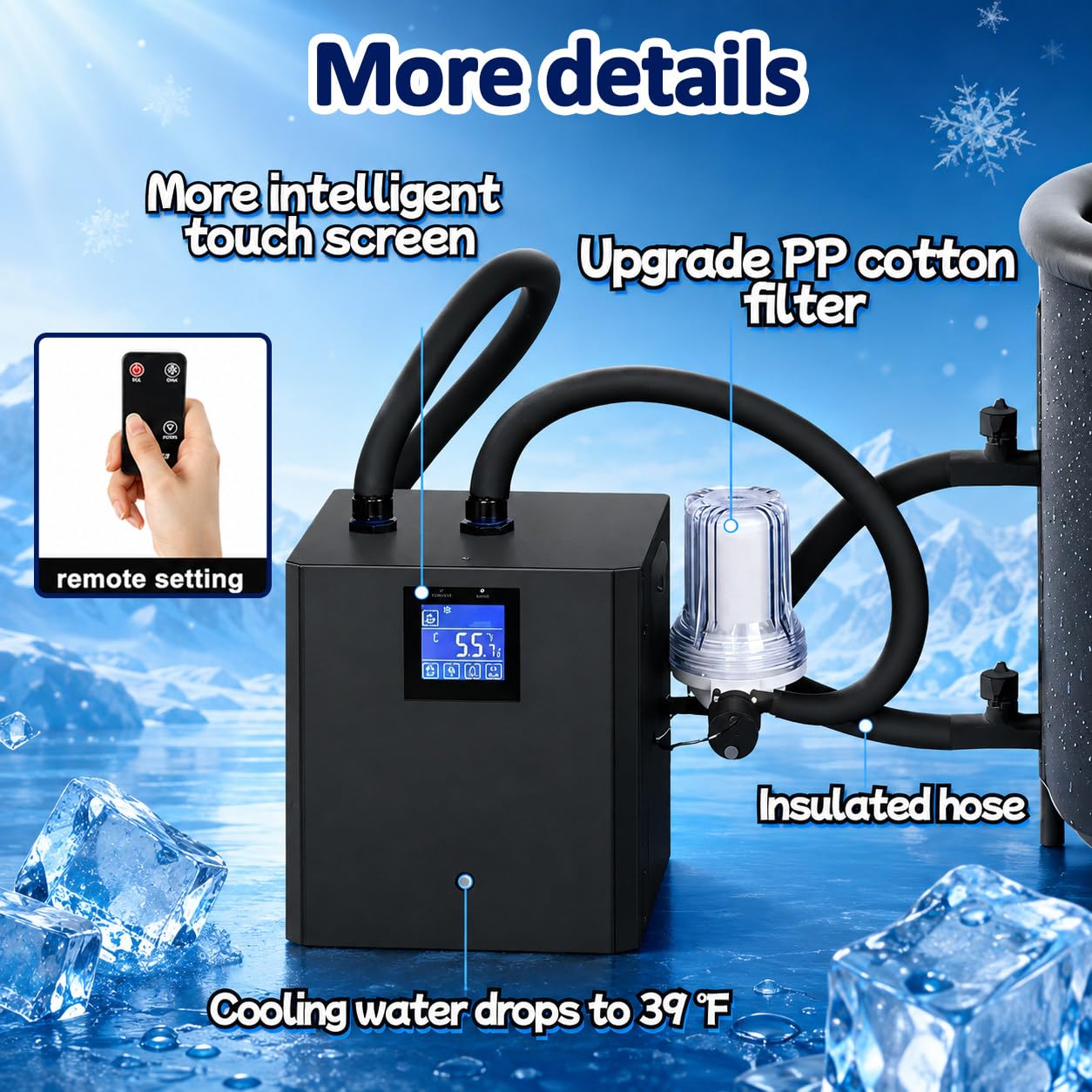 Refrigeratore 1/3 HP per Bagno Freddo con Pompa e Telecomando | Filtro Esterno e Materiale Filtrante per Configurazioni di Bagno Freddo Domestiche e Professionali.