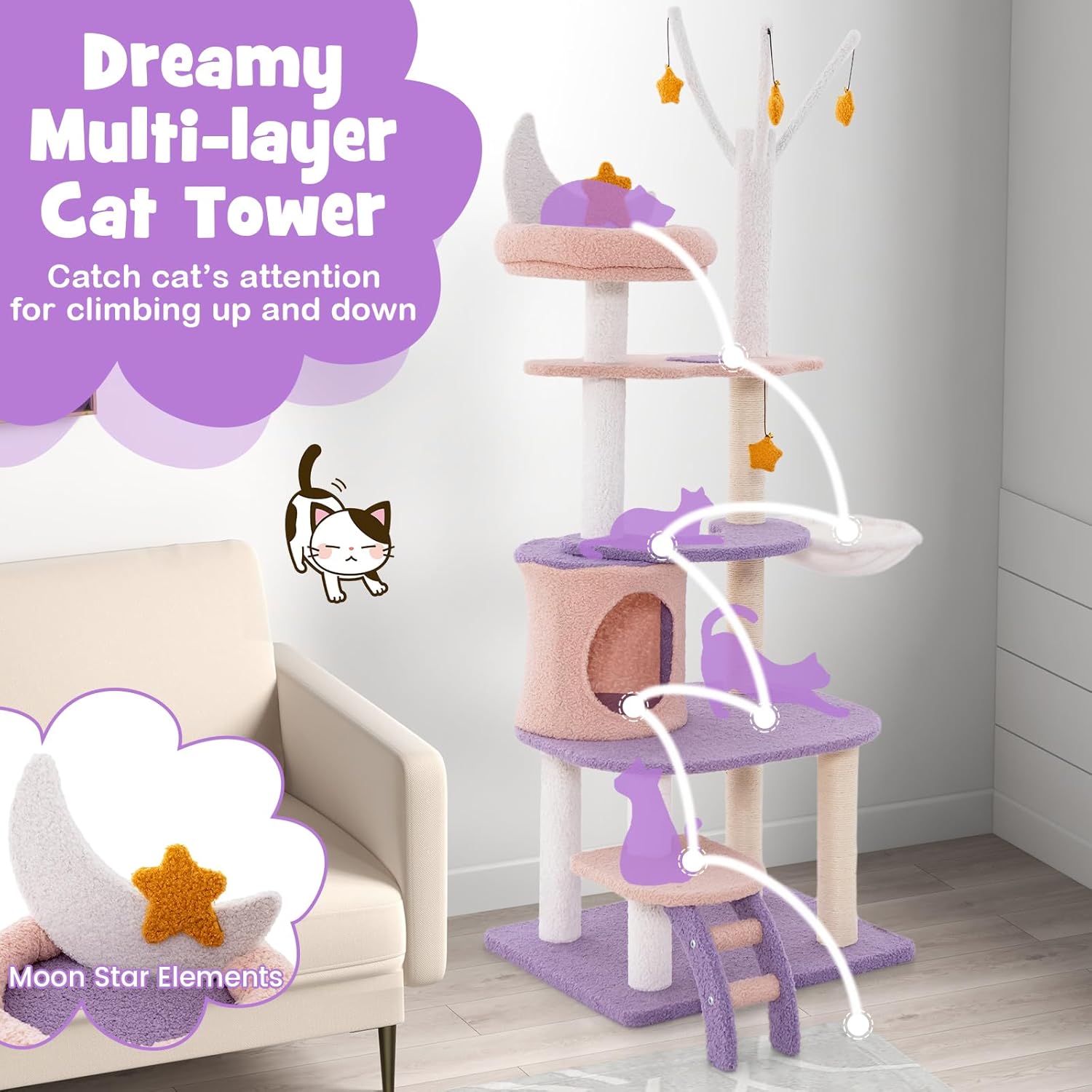 PETSITE Star and Moon-Themed Cat Tree Tower, Multi-Level Modern Cat Tower with Sisal Scratching Posts, Cat Condo, Side Hammock, Hanging Dangling Toys, Cute Cat Tree for Indoor Cats (62 Inch Tall)