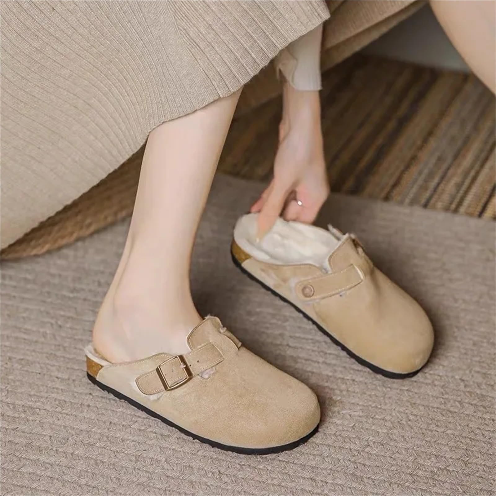Zapatillas de mujer Zuecos piel Invierno Hogar Peludo Corto Felpa Planas Diapositivas Cálido Al aire libre Casual Hombres