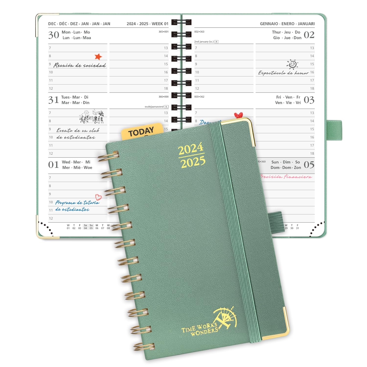 POPRUN Agenda 2024 2025 Pequeña 16 x 10,5cm, Tapa Dura Agenda Semana Vista A6, 17 Meses de Ago.2024 - Dic.2025, Regla de Plástico, 80 GSM Papel Certificado FSC®, Verde Medianoche