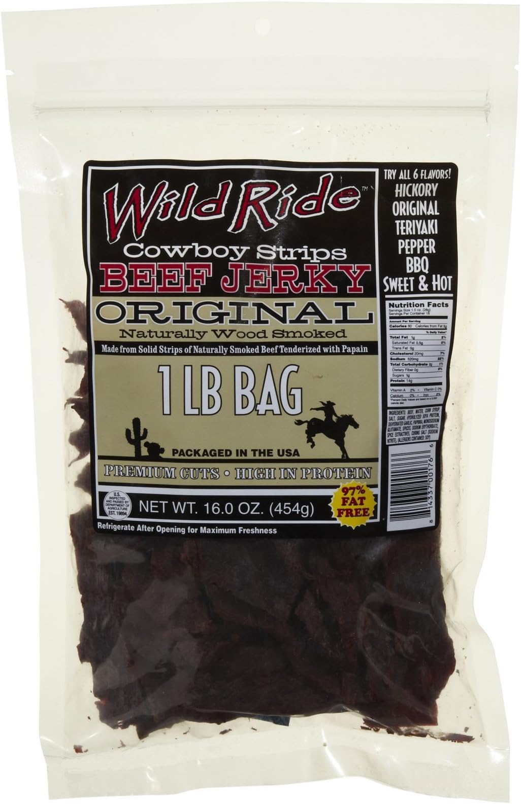 Wild Ride Beef Jerky Cowboy Strips, Original, 16-Ounce Bag