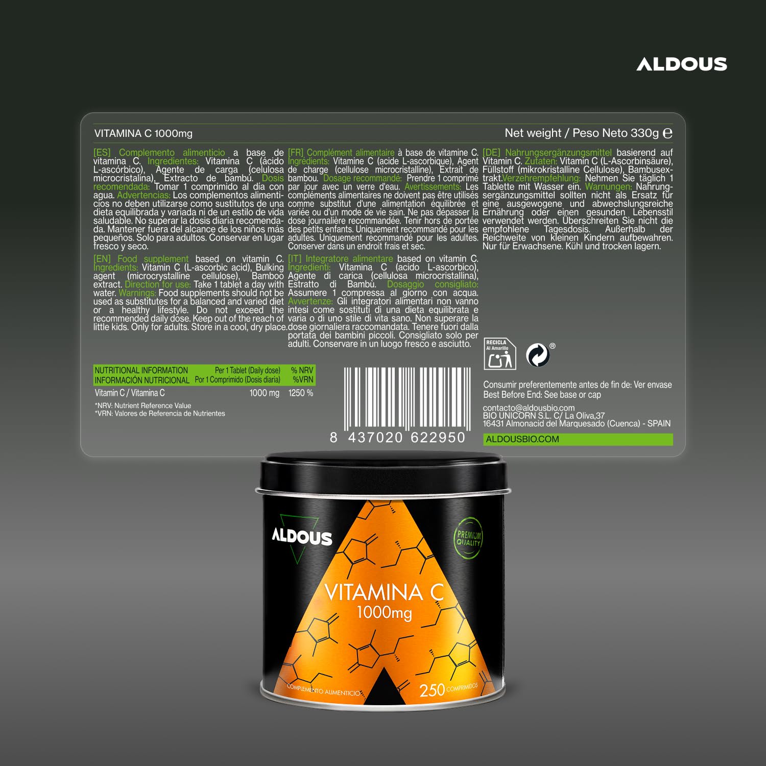 Vitamina C 1000 mg - Suministro para +8 meses - 1 tableta al día - Vitaminas para el Cansancio, Sistema Inmune y Defensas - 1000mg Vitaminas C - 250 Comprimidos - Vitamina pura - ALDOUS