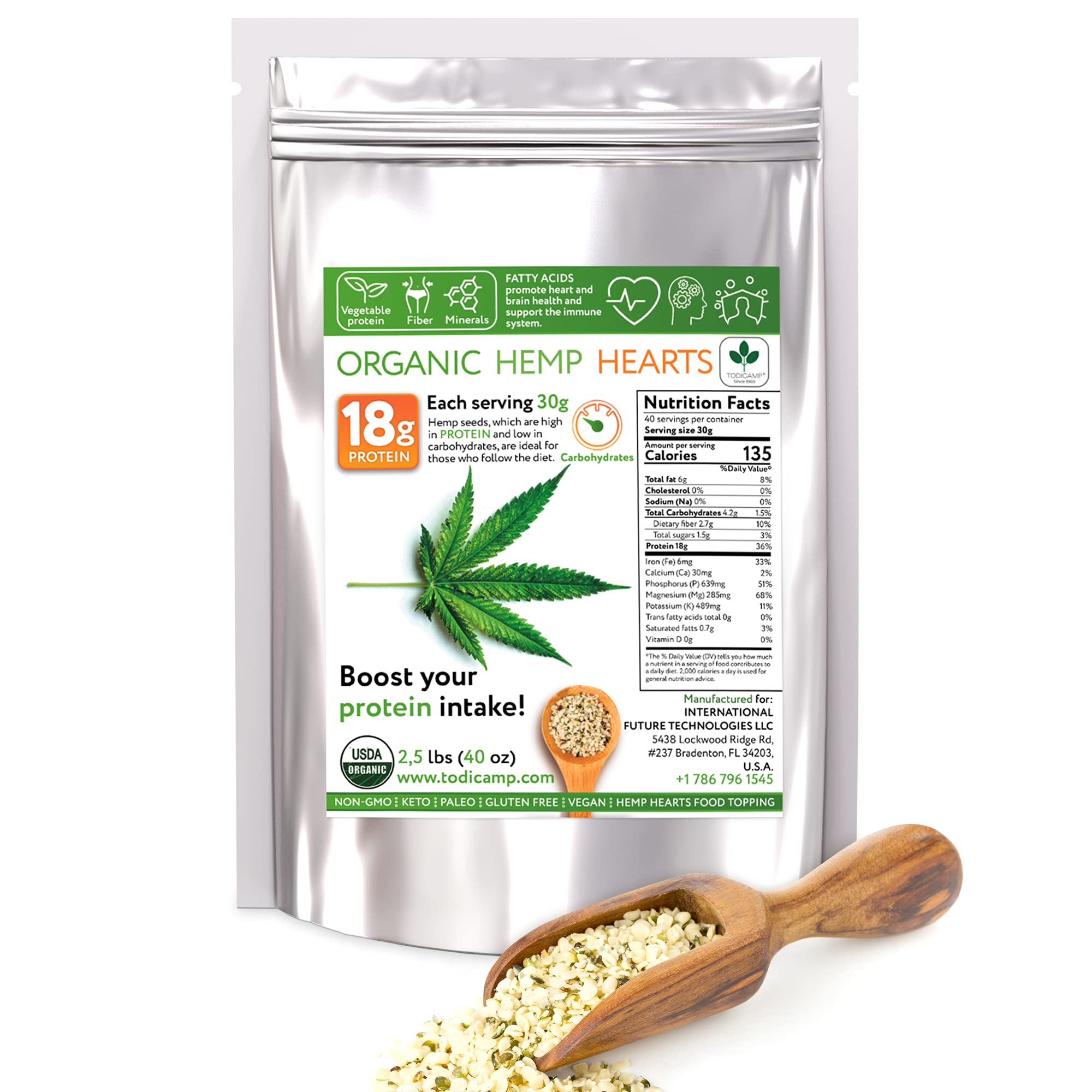 2.5 lb Organic Hemp Hearts by Todicamp 40oz Raw Shelled Hemp Seeds