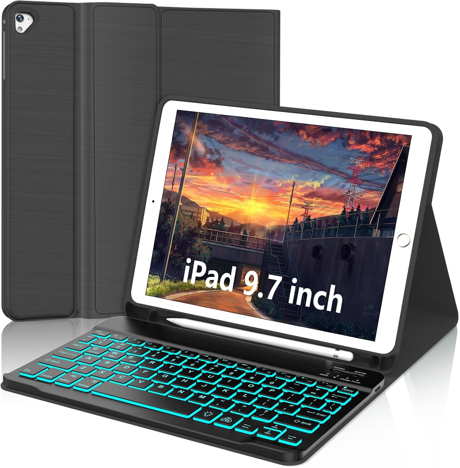 for iPad 9.7 inch case with Keyboard, iPad 6th Gen (2018), 5th Gen (2017), Air 2,1 (2014), 7 Color Backlit, Detachable Wireless Bluetooth Keyboard, Slim & Light Folio Cover with Pencil Holder,black