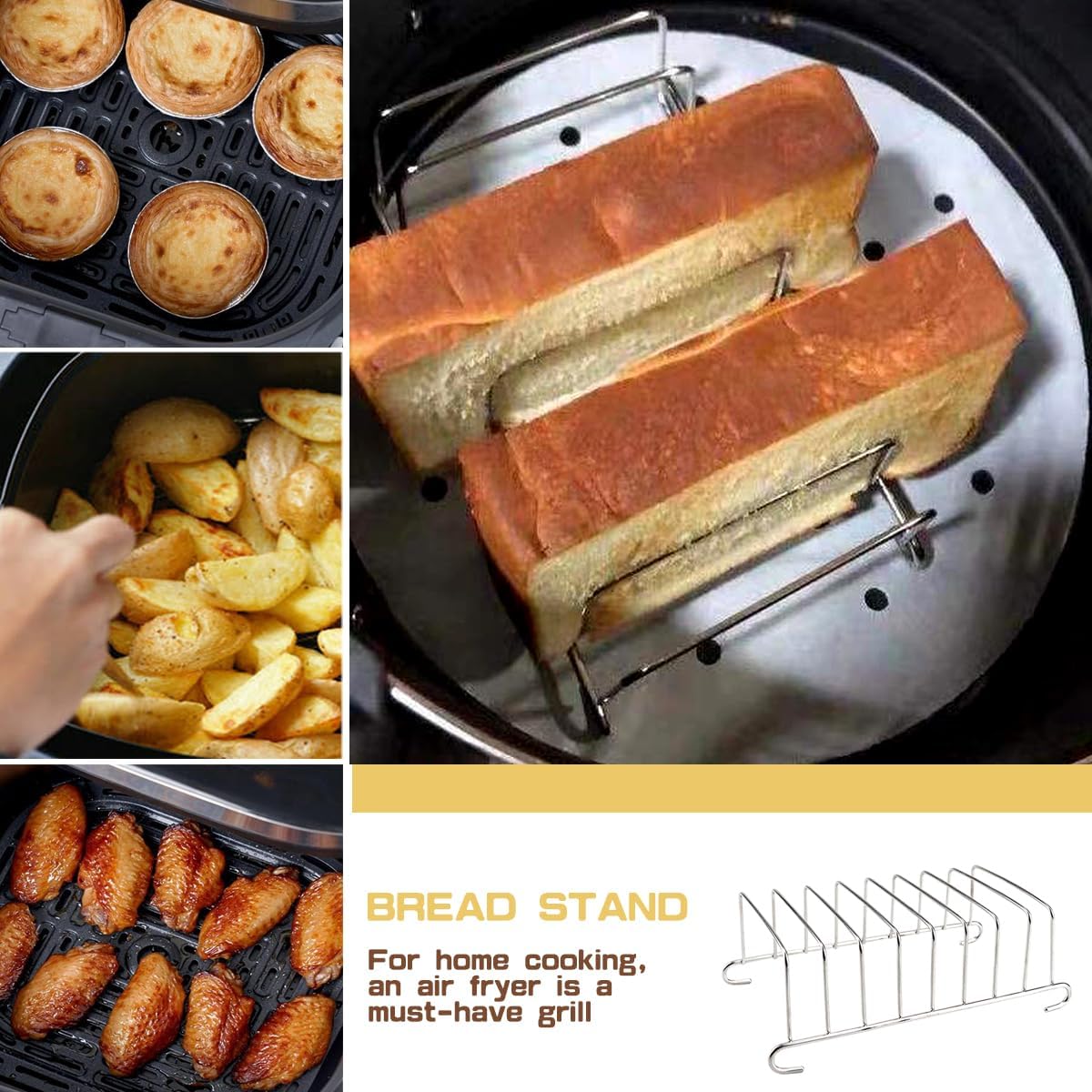 2Pcs 8 Slice Toast Bread Rack Stainless Steel Toast and Bread Holder​Breakfast Loaf Stand Cooling Grid Bread Rack Air Fryer Accessories