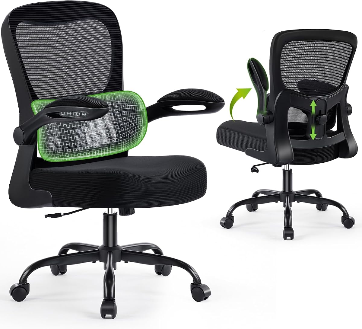 Office Chair Ergonomic Desk Chairs with Adjustable Lumbar Support, High Back Breathable Mesh Chair with Wheels& Flip-up Armrests,Rolling Swivel Comfy Task Computer Chair for Home Work Gaming