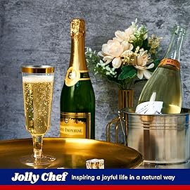 JOLLY CHEF 50 Pack Plastic Champagne Flutes Disposable 5 oz Gold Rim Plastic Champagne Glasses for Wedding, Thanksgiving Day, Christmas