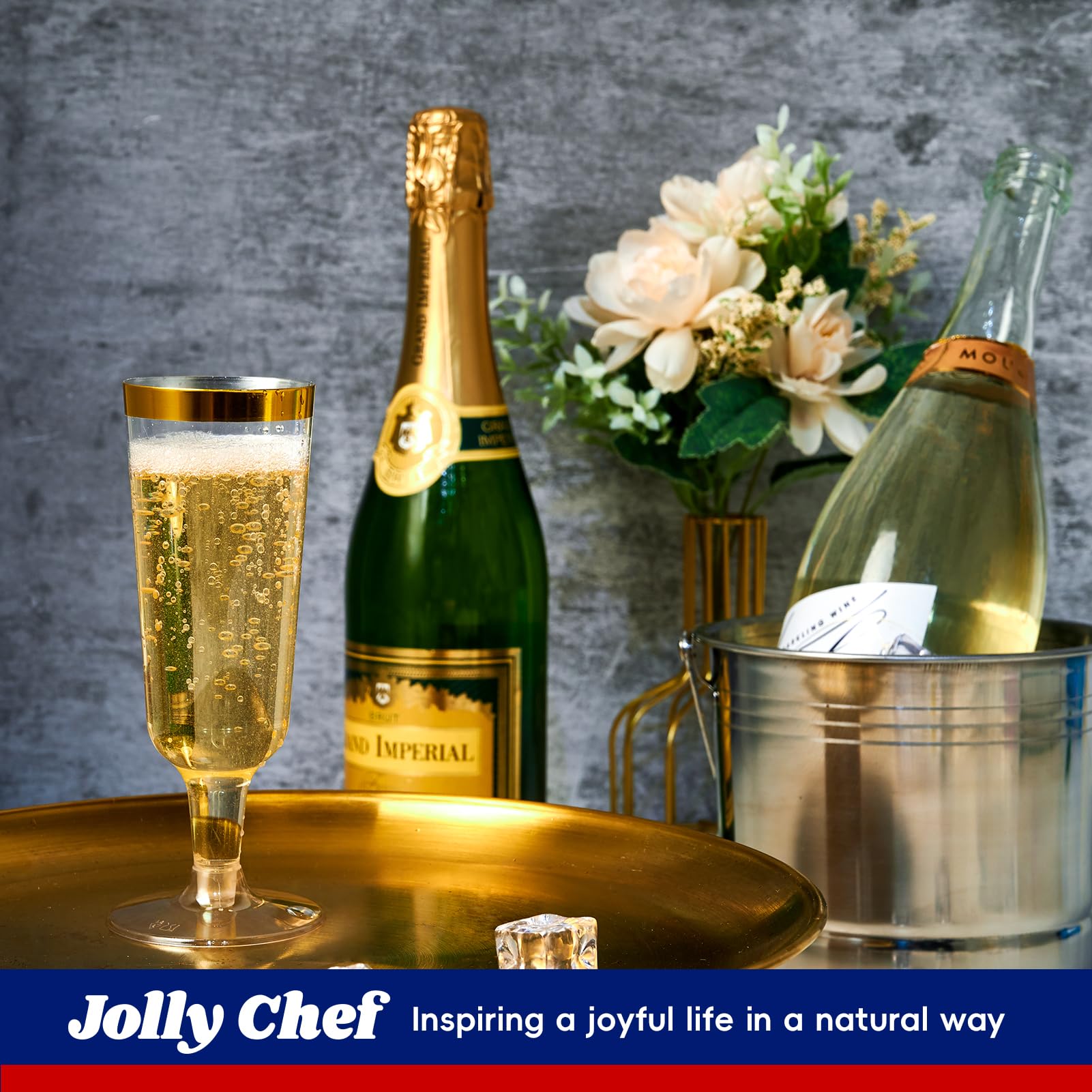 JOLLY CHEF Copas de champán de plástico, borde dorado desechables, 5 onzas, paquete de 50 | Copas de champán de plástico con borde dorado para bodas, día de Acción de Gracias, Navidad, copas desechables