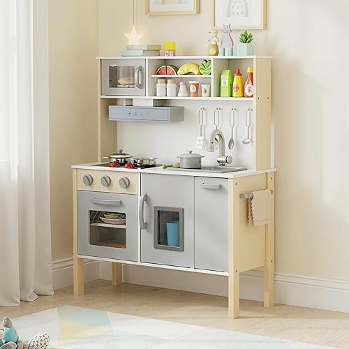 Miniatura 2 de HONEY JOY Juego de cocina para niños, cocina de madera para niños pequeños, microondas, campana extractora, máquina de hielo, 18 accesorios de