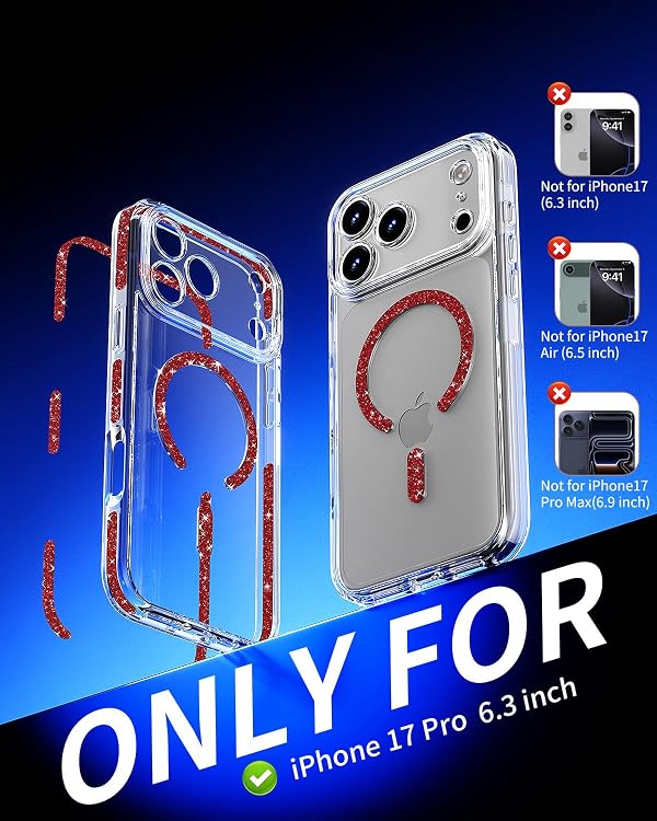 DecaStars for iPhone 17 Pro Case for Women, Girly Glitter Bling Sparkly Clear Magnetic Phone Bumper with Built-in Camera Cover, Compatible with MagSafe, Detachable Soft Strip for DIY, Red by DecaStars - Used condition - Image 2