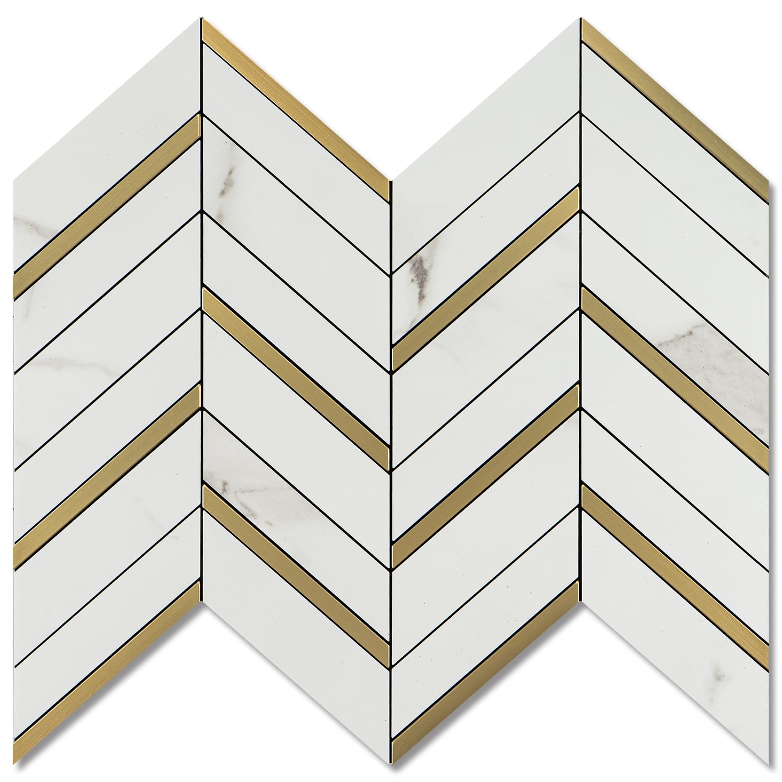 Peel and Stick Backsplash, 10-Sheet Herringbone Peel and Stick Wall Tiles 12.1" x 9.7" Stick on Backsplash PVC Tile for Kitchen Fireplace (White Marble Mixed Gold Metal)