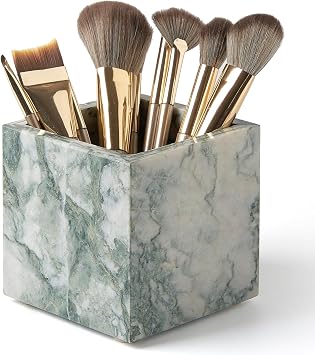 Real Luxurious Natural Marble Toothbrush Holder & Makeup Brush Organizer & Pen Holder for Desk,3.93inch Square Marble Utensil Holder Non-Ceramic/Non-Resin Cyan Green