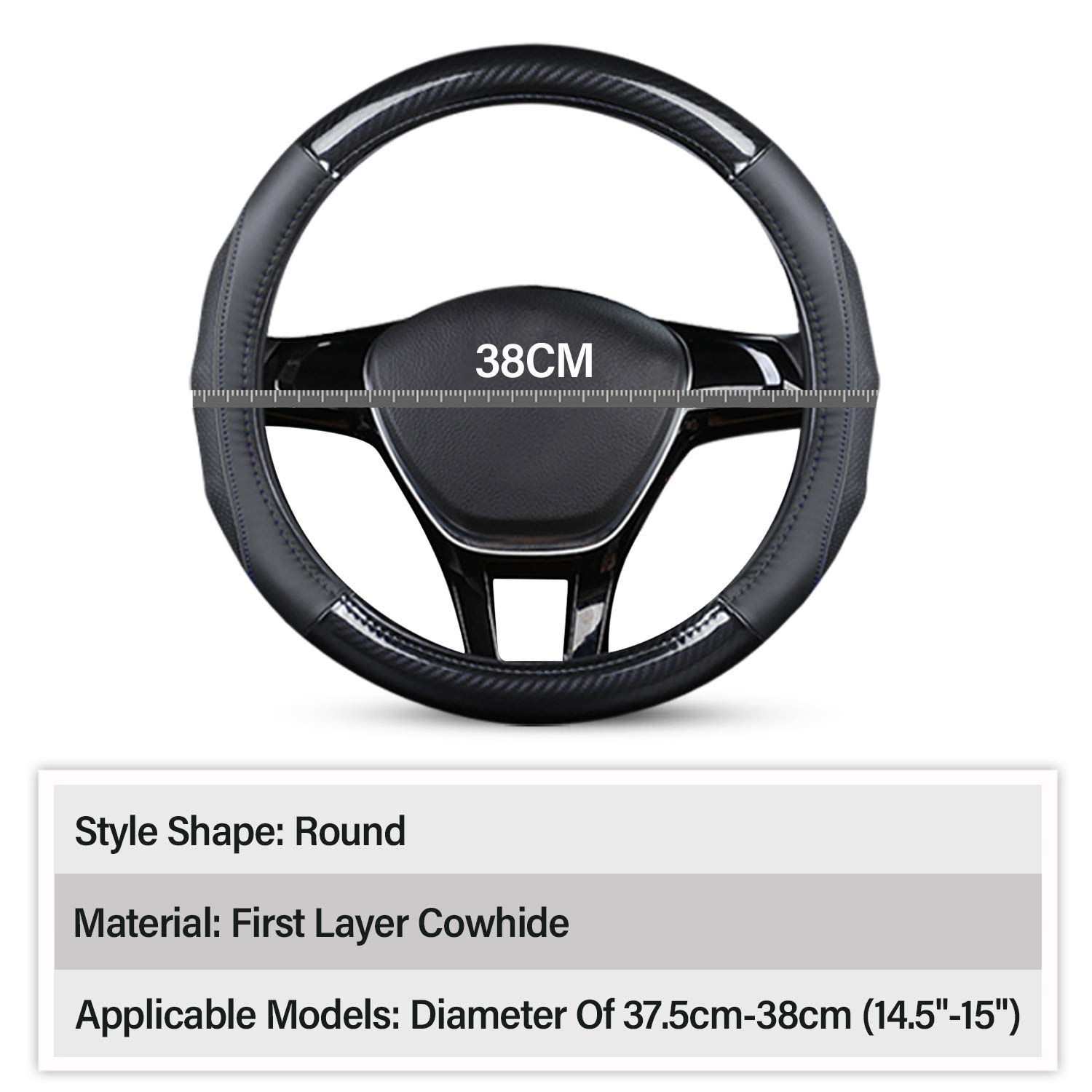 Ergocar Couvre Volant de Voiture Fibre de Carbone & Peau de Vache de Première Couche Sport Volant Protecteur Antidérapant pour Diamètre 38cm(15 ") (Noir Bleu)