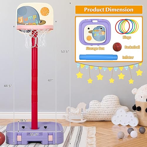 Miniatura 7 de Costzon Aro de baloncesto para niños, juego de aro de baloncesto 2 en 1 con lanzamiento de anillo y caja de almacenamiento para niños y niñas,