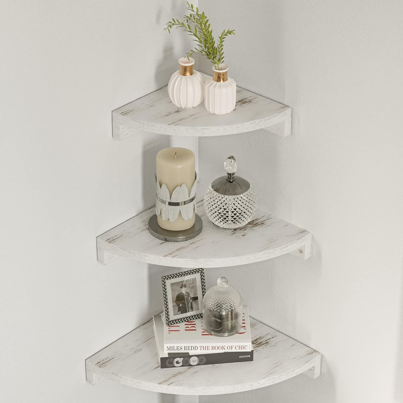 OROPY 3 Tier Radial Corner Shelves for Wall, Solid Wood Floating Corner Storage Shelves Rustic White - Ideal for Display of Books, Small Plant, Photos, Wall Dรฉcor (One Set of 3)
