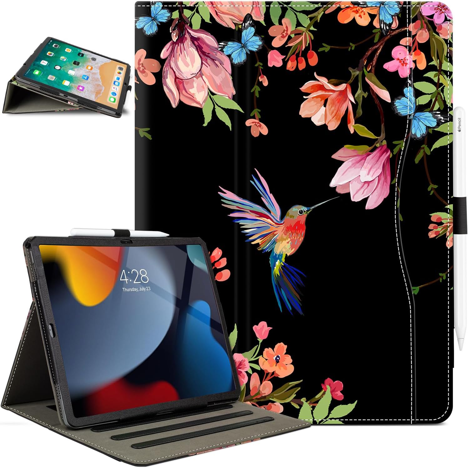 for iPad Air 13 inch Case (M4/M3/M2), iPad Pro 12.9 Case, for iPad Pro 13-Inch Case (M5/M4) Shockproof Padding with Pencil Holder Adjustable Stand/Pocket/Magnetic Closure/Auto Wake Sleep Hummingbird