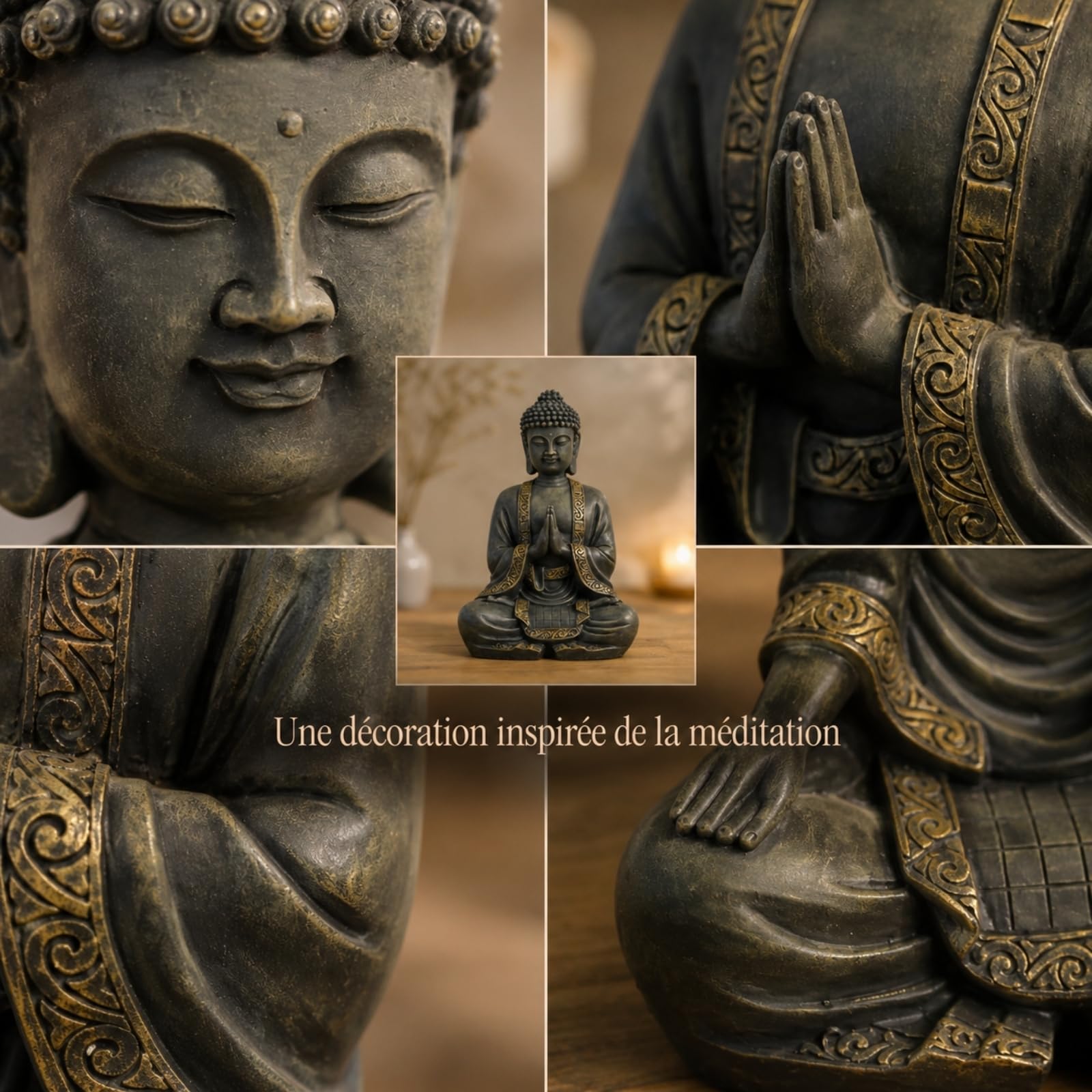 Zen Light - Grande Statue Bouddha Zen 38 cm - Excellente Finition, Peinture Effet Patiné, en Résine - Bel Objet de Décoration et Feng Shui pour la Maison - Idée Cadeau Porte Bonheur
