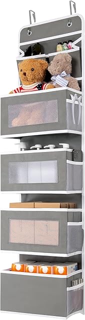 HEETA 5-Shelf Baby Over The Door Organiser with Hook, Door Hanging Stotage with 2 Small Pockets and 4 Side Pockets (Mesh Window) for Bedroom, Children's Room and Nursery