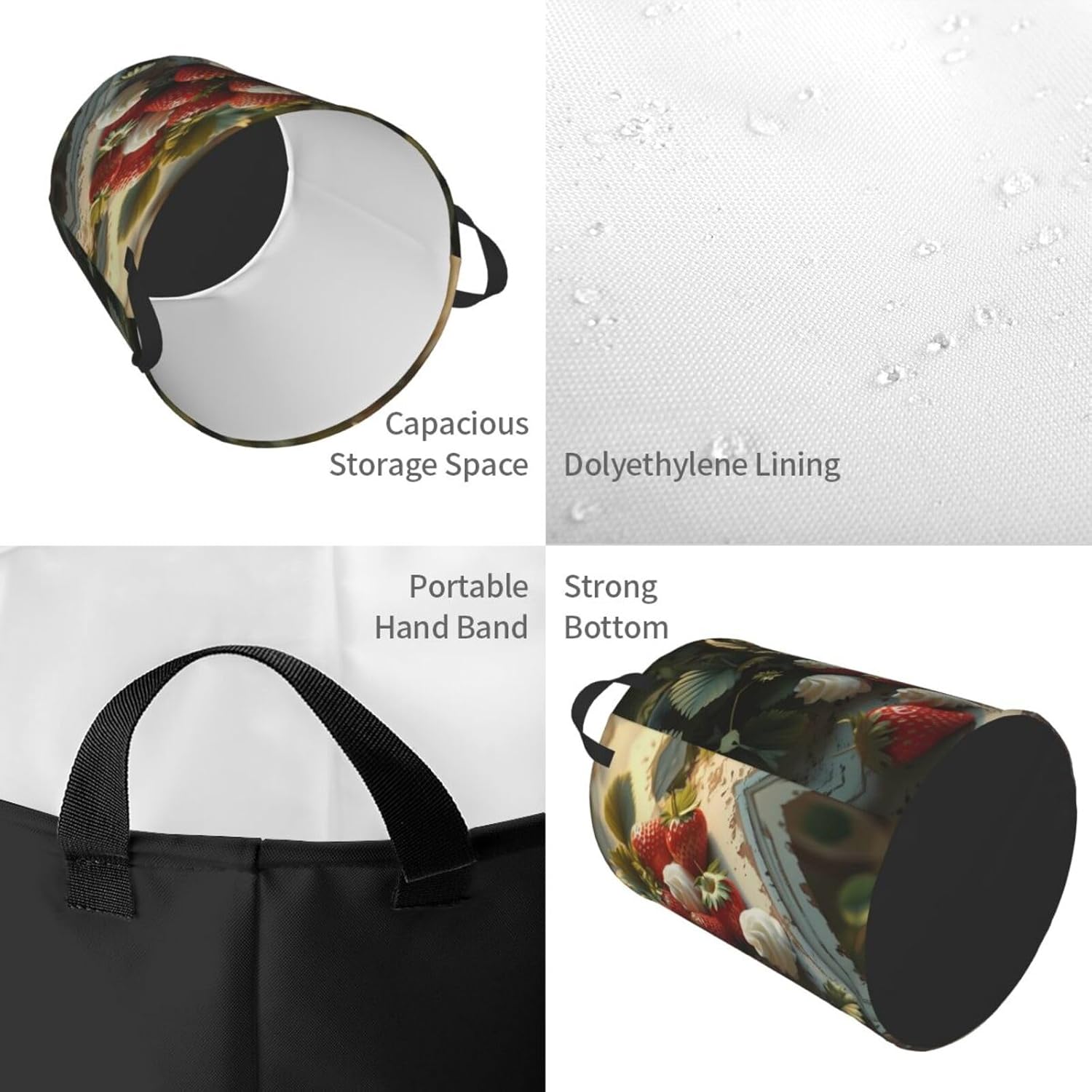 Cream Strawberries Round Single-layer Laundry Basket, Portable Storage Laundry Basket, Bedroom Clothes Storage Basket with Handle