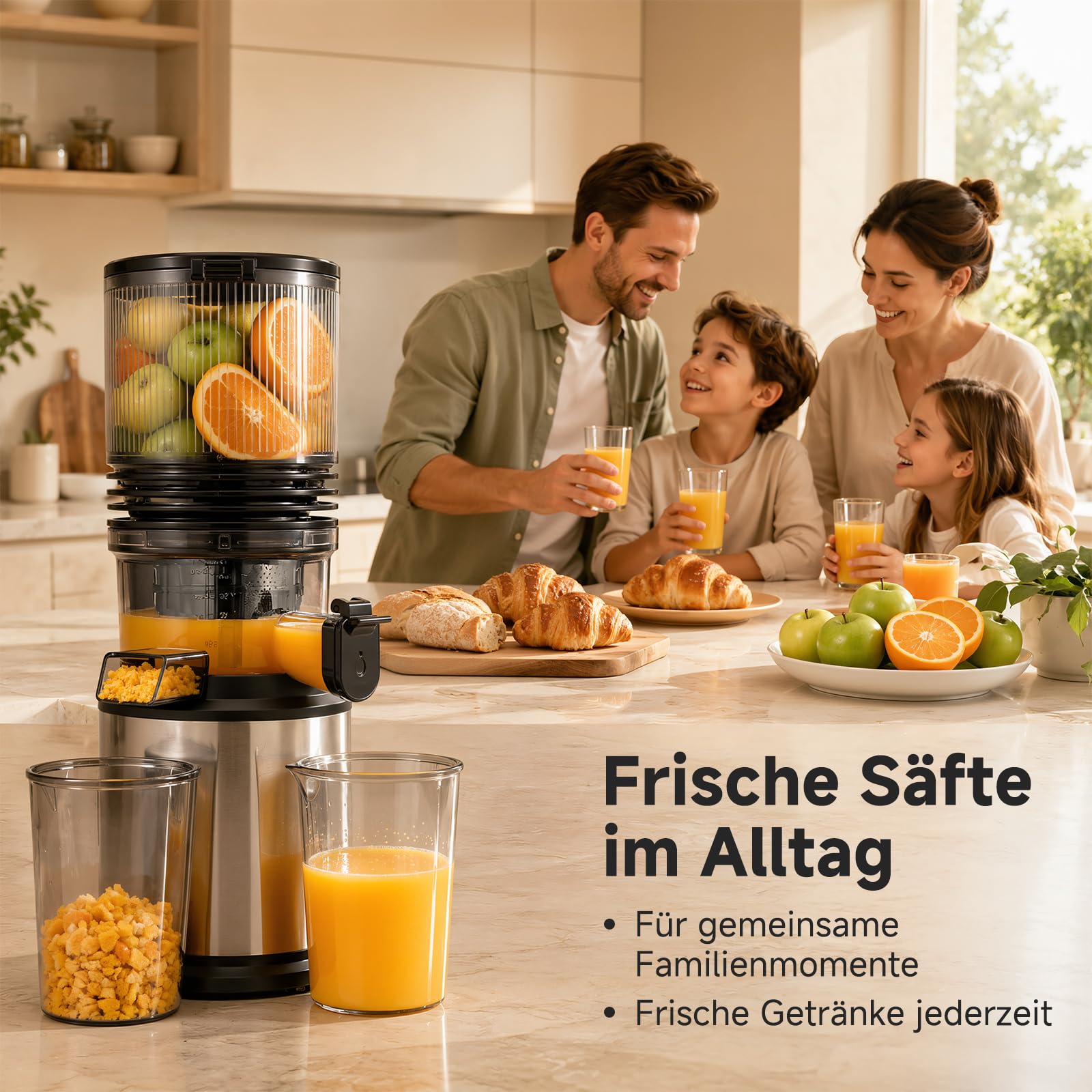 AMZCHEF Entsafter - Slow Juicer mit 158 mm großem Einfüllschacht für Ganze Gemüse und Obst, leicht zu reinigen, Kaltpress-Entsafter mit Saft- und Tresterbecher, hohe Saftausbeute, Silber/Schwarz
