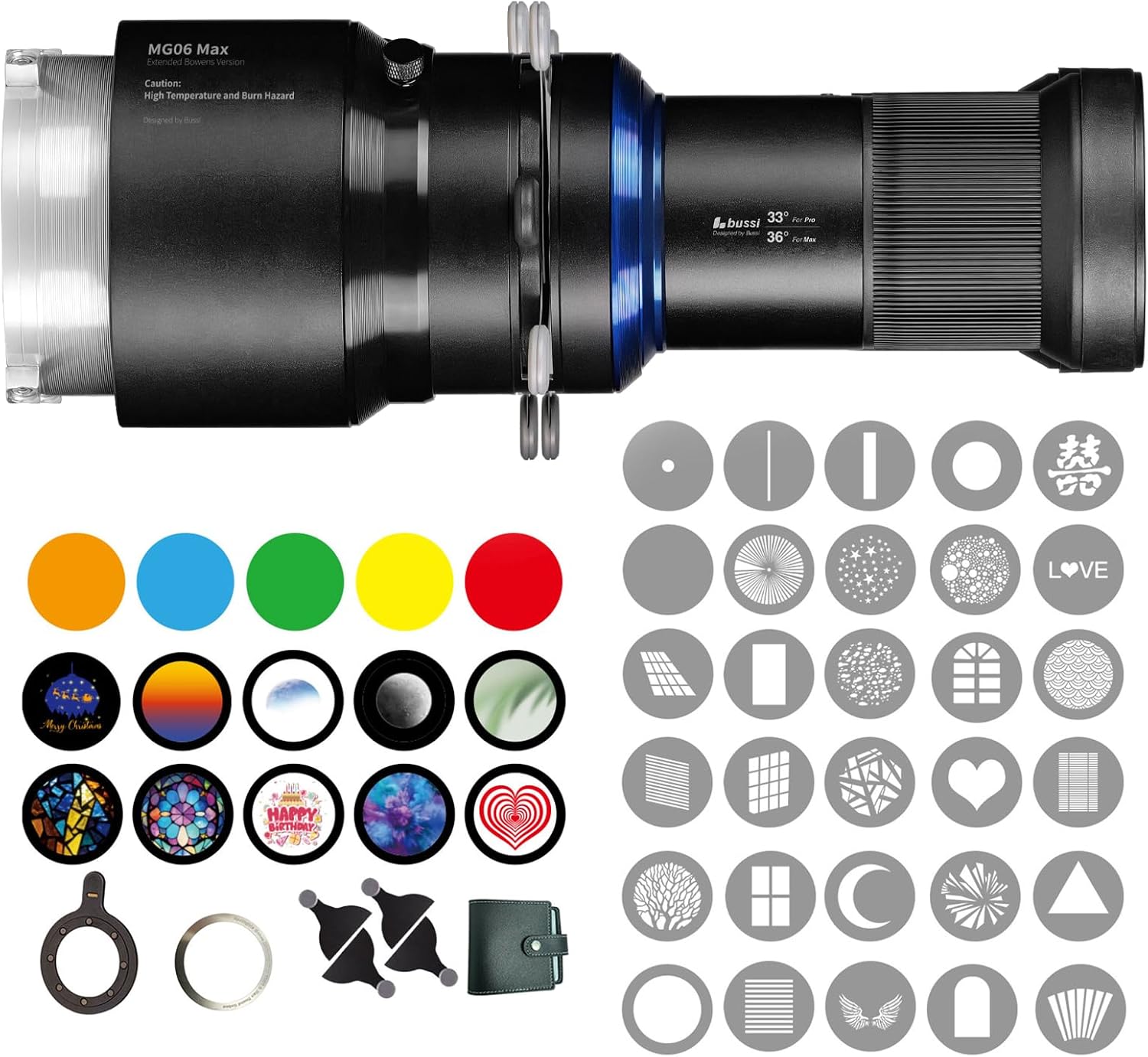 Bussi MG06 Max Bowens Mount Snoot with 40 Gobos, 36° Lens Optical Snoot Spotlight for Photography Video Shape Light Studio, GOBO Light, (Extended Bowens Mount)