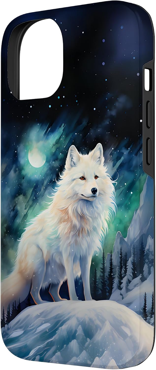 Arctic Fox Aurora Under a Moon and Starry Sky Watercolor Case for iPhone 14