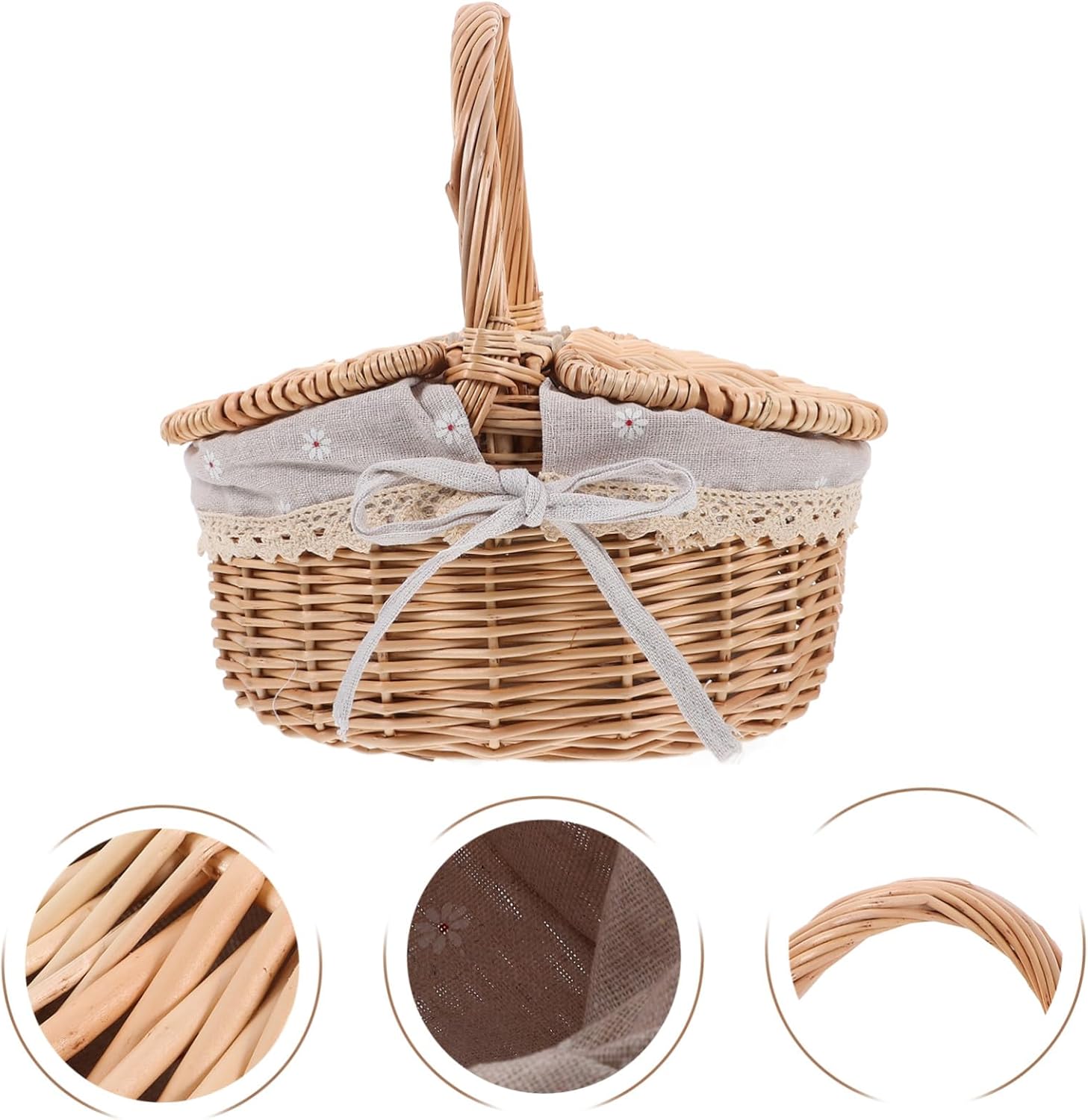 Handmade Woven Picnic Basket with Lid and Padded Cloth Lightweight Natural Wicker Storage Basket for Outdoor Garden Picnics and Home Organization Versatile Scalloped Style