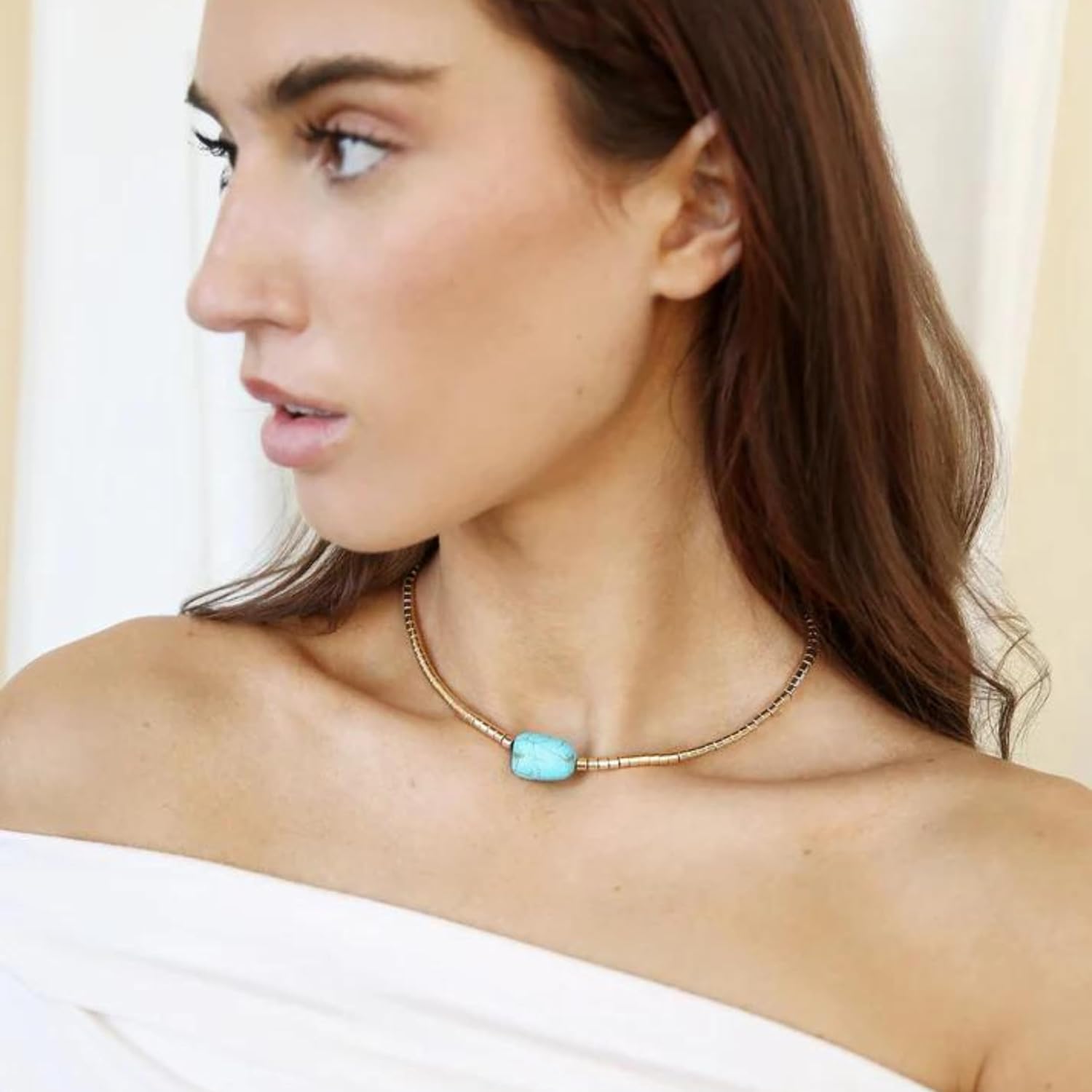 Ettika Choker Necklace For Women. Turquoise Jewelry for Women. Gold Beaded Turquoise Nugget Necklace in 18K Gold Plated