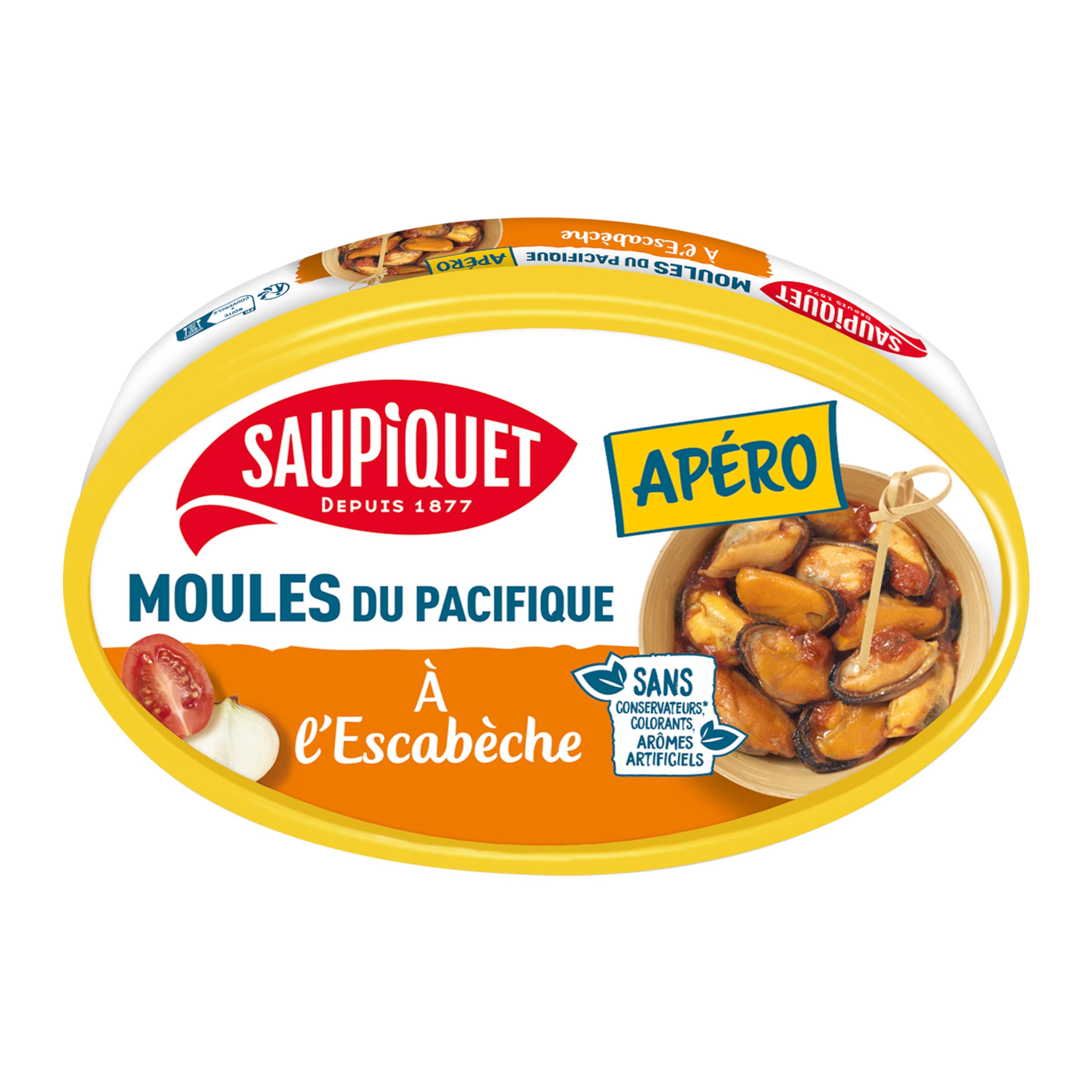 SAUPIQUET - Moules à la Sauce Escabèche - Idéal Apéritif, à picorer, à piquer - Sans conservateurs, colorants ni arômes artificiels - 12 Conserves (110 g)