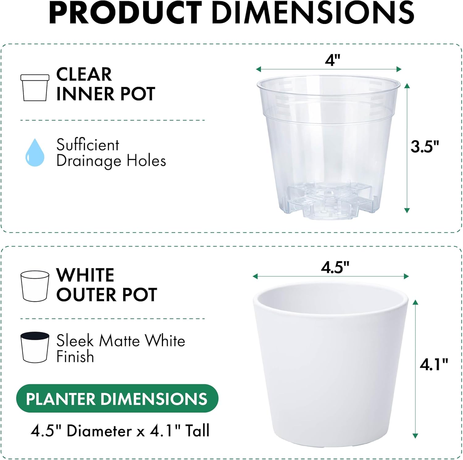 Phoenix Vine 4.5 Inch White Plastic Cachepot with Clear Nursery Pot, Decorative Lightweight Planter Cover with Transparent Inner Pot for Indoor Houseplants, Pack of 6, 24-B-D-6