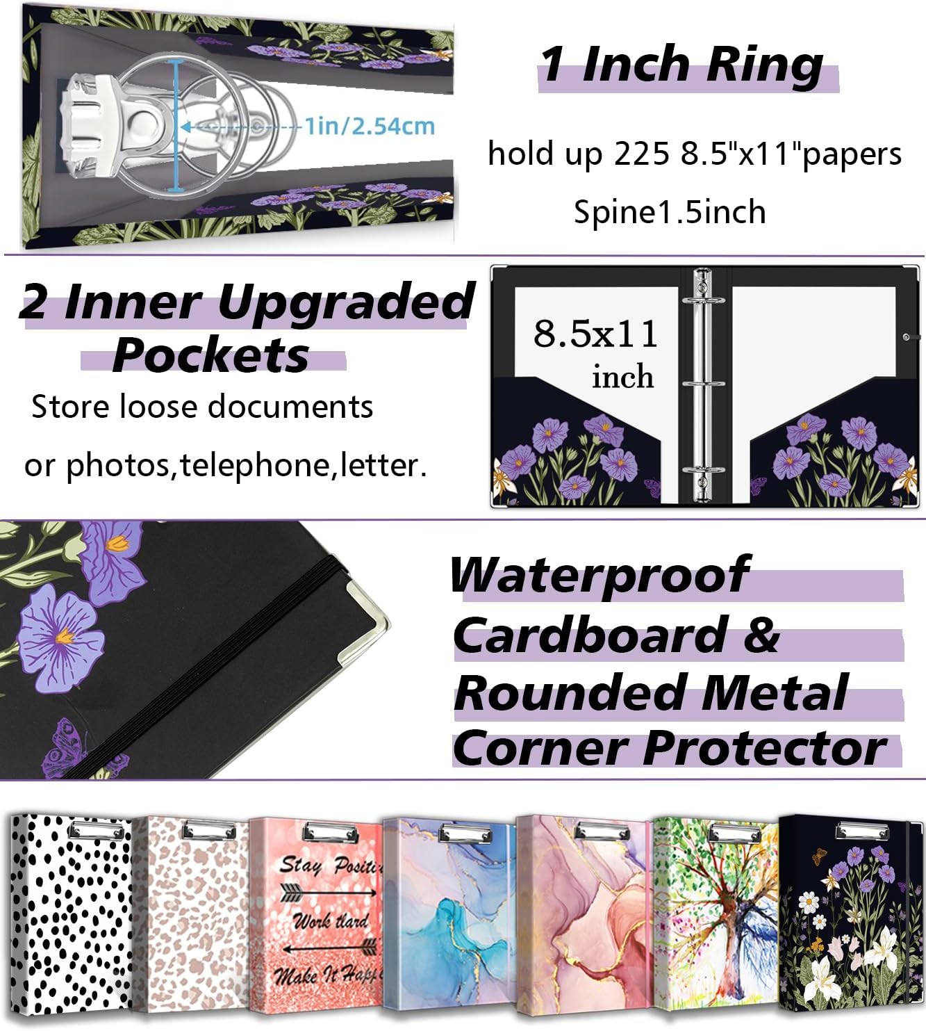 3 Ring Binder 1 Inch, Three Ring Binders Organizer with Clipboard, 5-Tabs Pockets Dividers, Plastic Folder, 18 Divider Stikers, BVSSX Pretty Binder with Pen Loop (Black Weeds, Letter Size) - Image 4