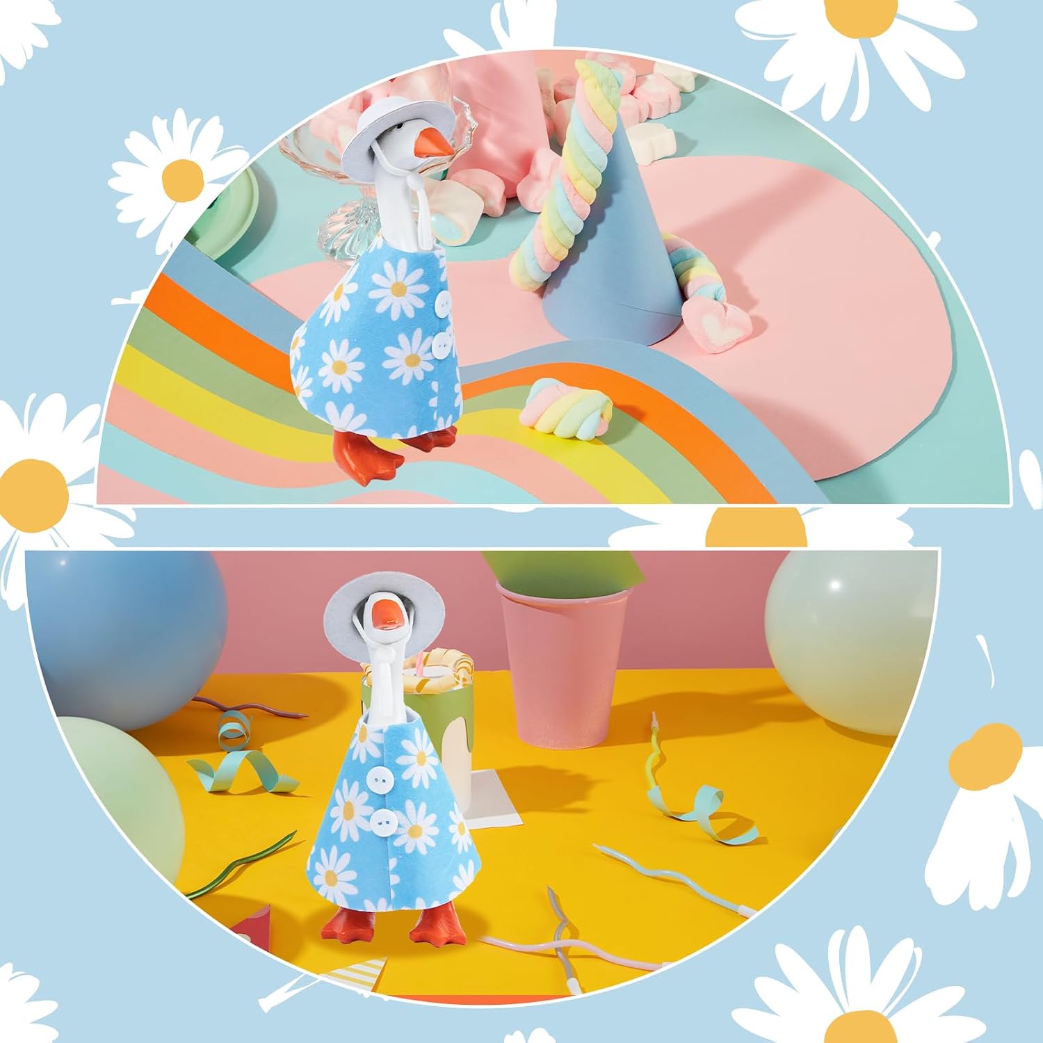 7-Inch Desk Goose Outfits Set - Daisy Skirt & Hat for Decorative Mini Goose Figurine - Fun Spring/Summer Desktop Geese Decor Accessories