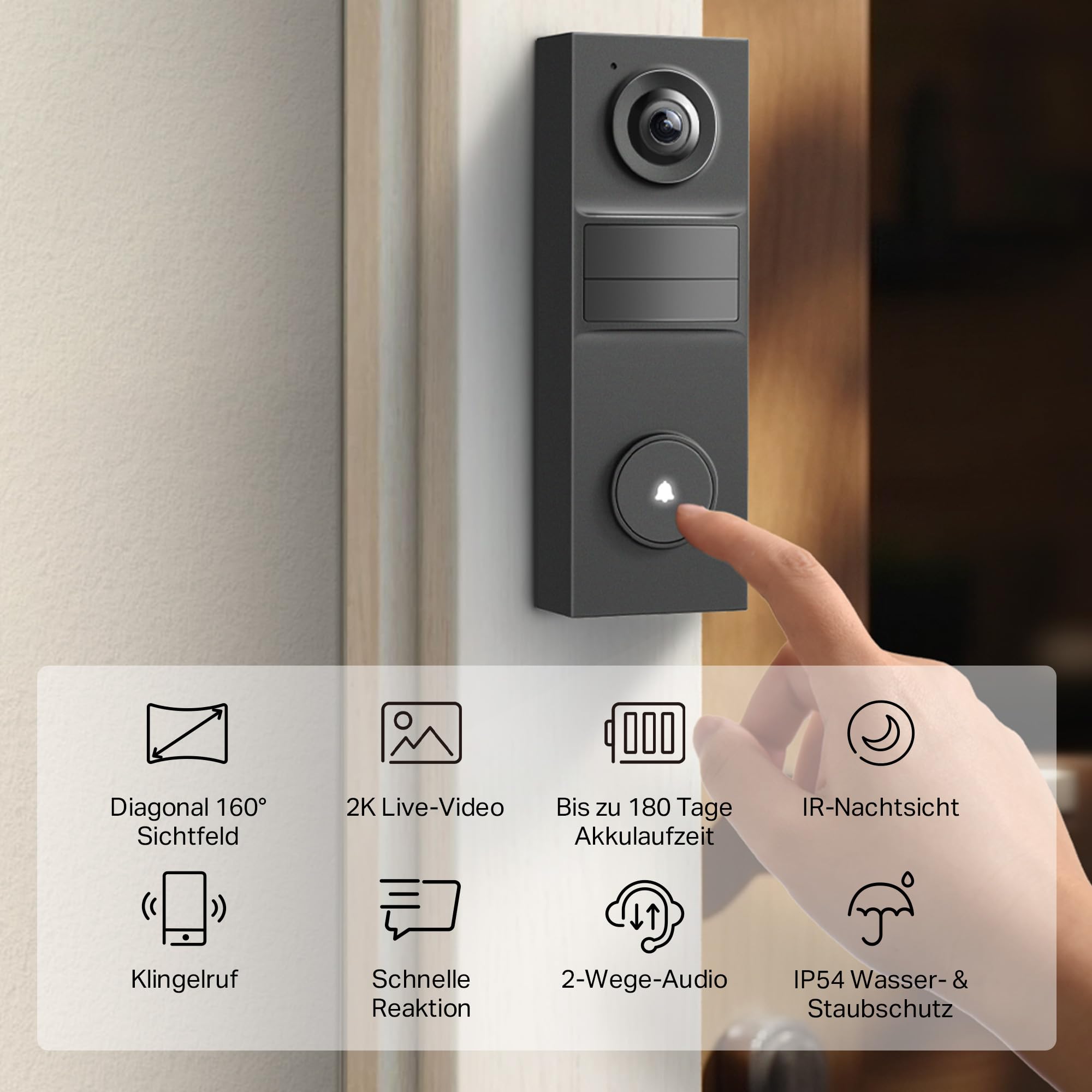 Tapo D205 Akku-Videotürklingel | WLAN Türklingel mit Kamera | 2K, 160° Weitwinkel, Zwei-Wege-Audio | Integrierter Akku | Lokale Speicherung auf microSD & H500 HomeBase | Kompatibel Solarpanel