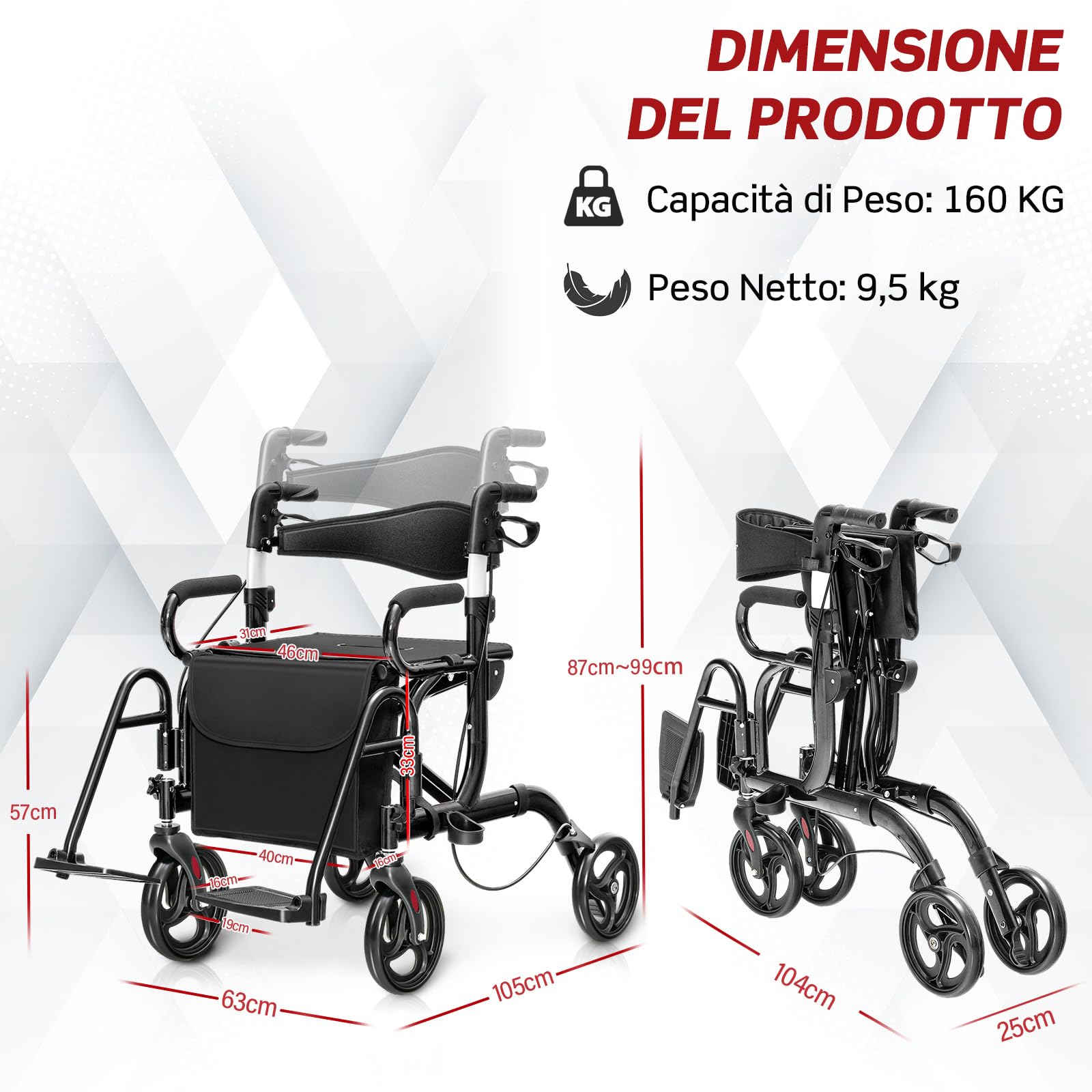 RELAX4LIFE 2 in 1 Deambulatore per Anziani, Sedia a Rotelle, Deambulatore con Seduta e 4 Ruote, Rollator Pieghevole in Alluminio Leggero, Portata Massima 160KG (Nero, 105 x 63 x 87-99 cm)