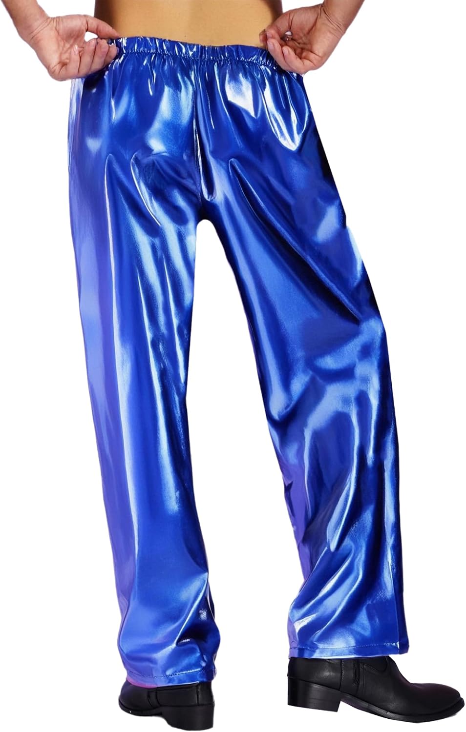 Men's Metallic Shiny Wide Leg Pants Elastic Waist High Waisted Straight Leg Trousers for Disco Dance Party