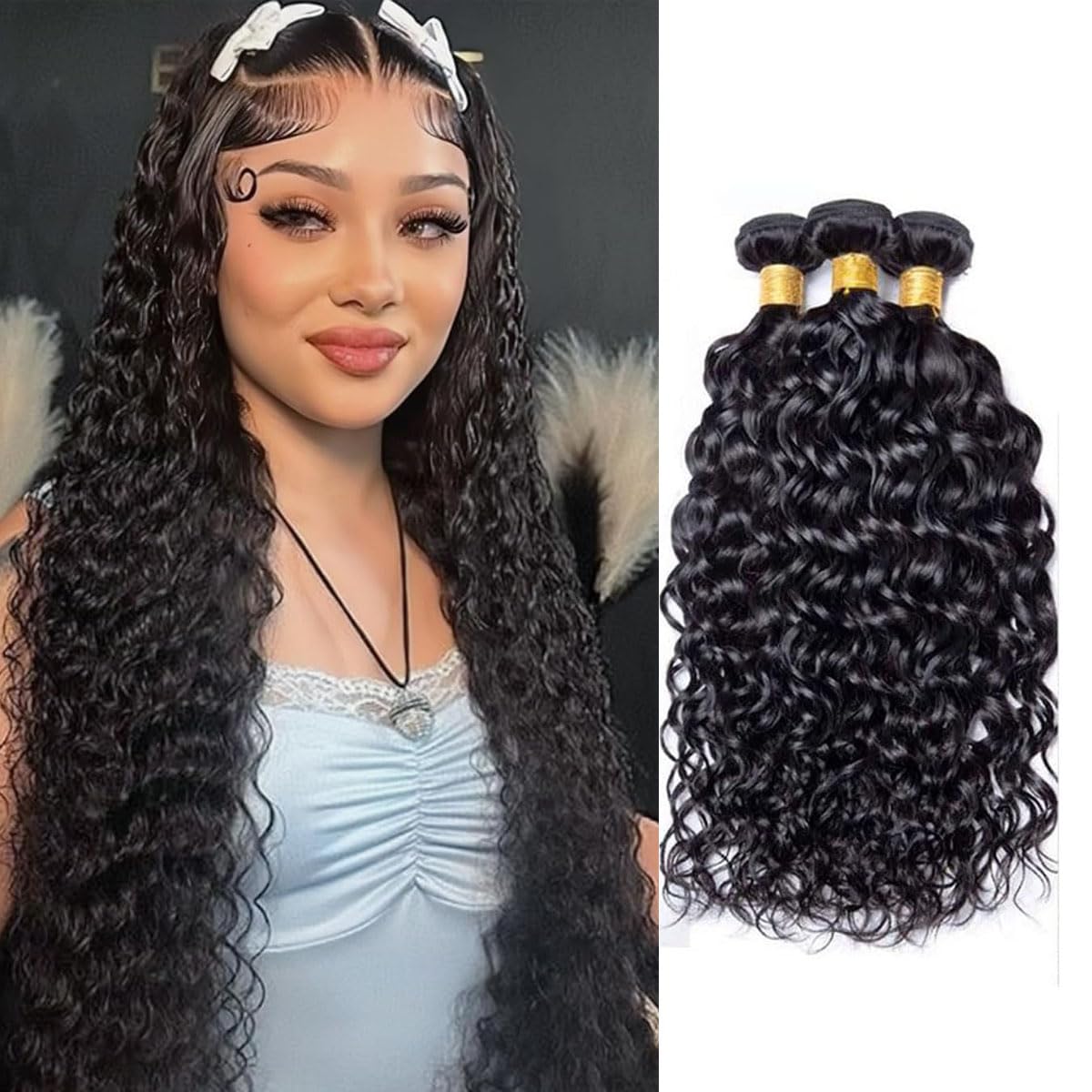 Extensions Echthaar Tressen Human Hair Bundle Water Wave Hair Natural Black Bundles HumanHair Extensions Double Weft for Women Minimal Smell for Women 3 Bundles 20 22 24 Zoll
