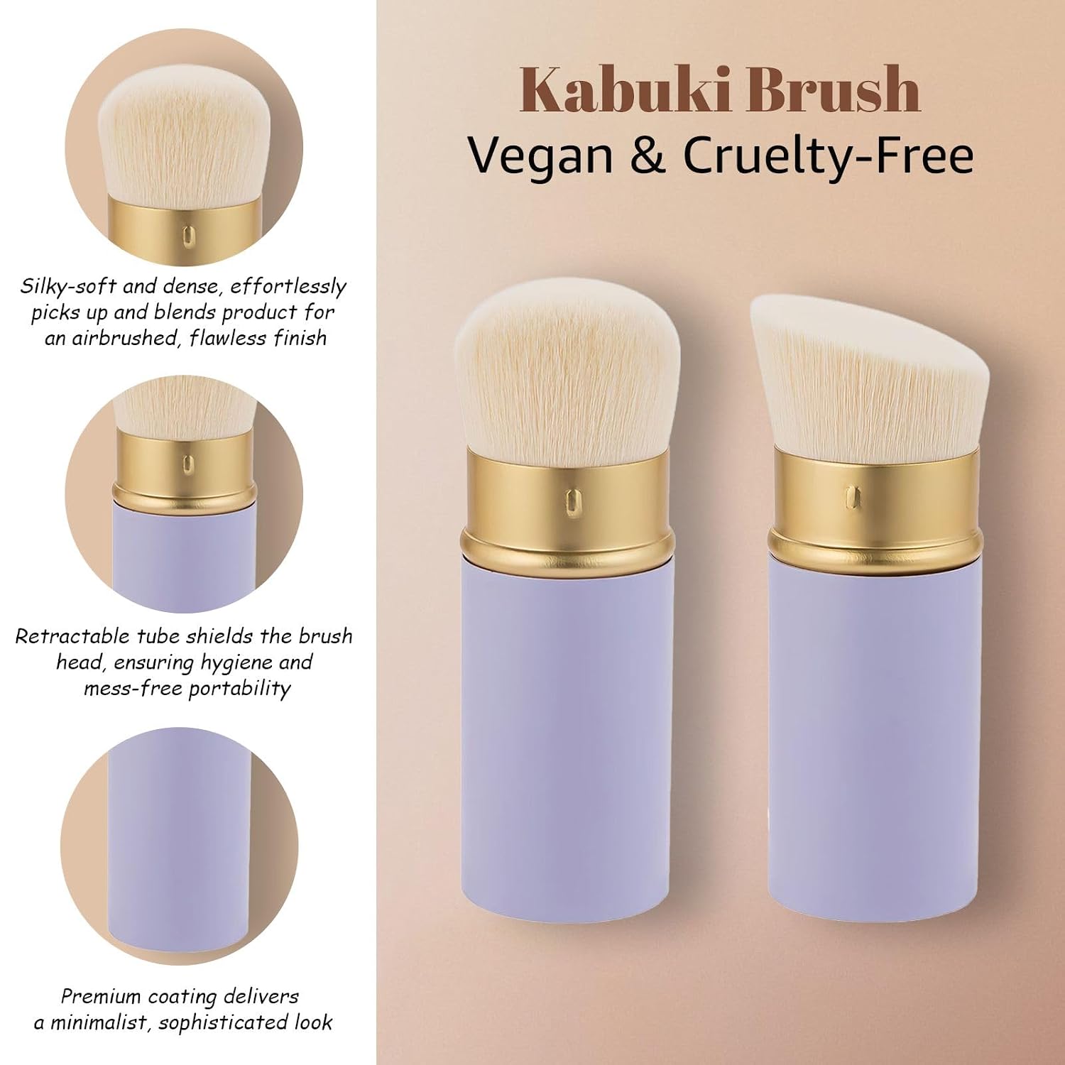 Retractable Face Makeup Brush, Kabuki Brush for Foundation Blush Bronzer Powder Blending Liquid & Cream Face, Portable Flawless Cruelty-Free & Vegan (Purple Angle (Retractable Kabuki Brush))