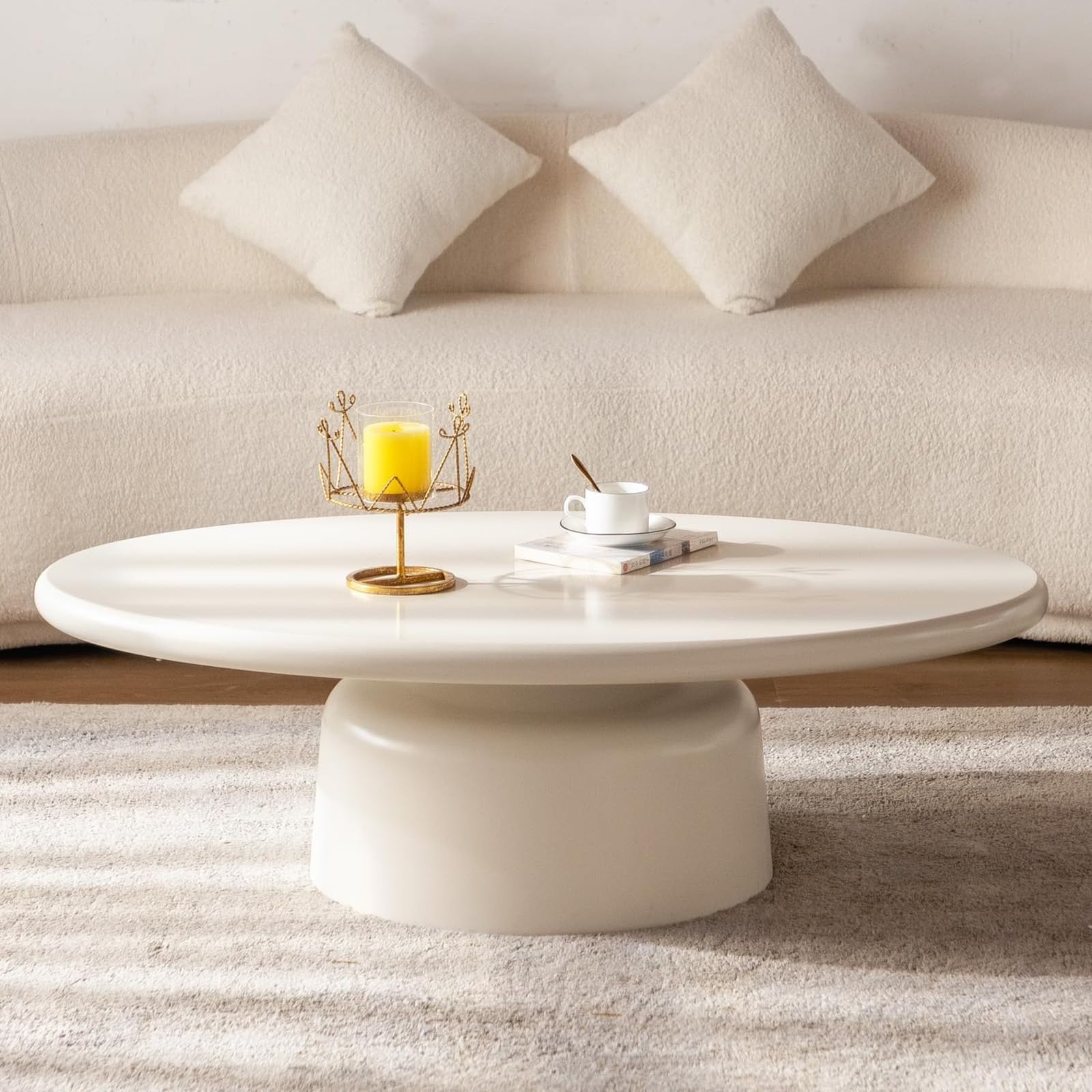 FeiZhiYanS Creamy White 45.7" Oval Coffee Table,A