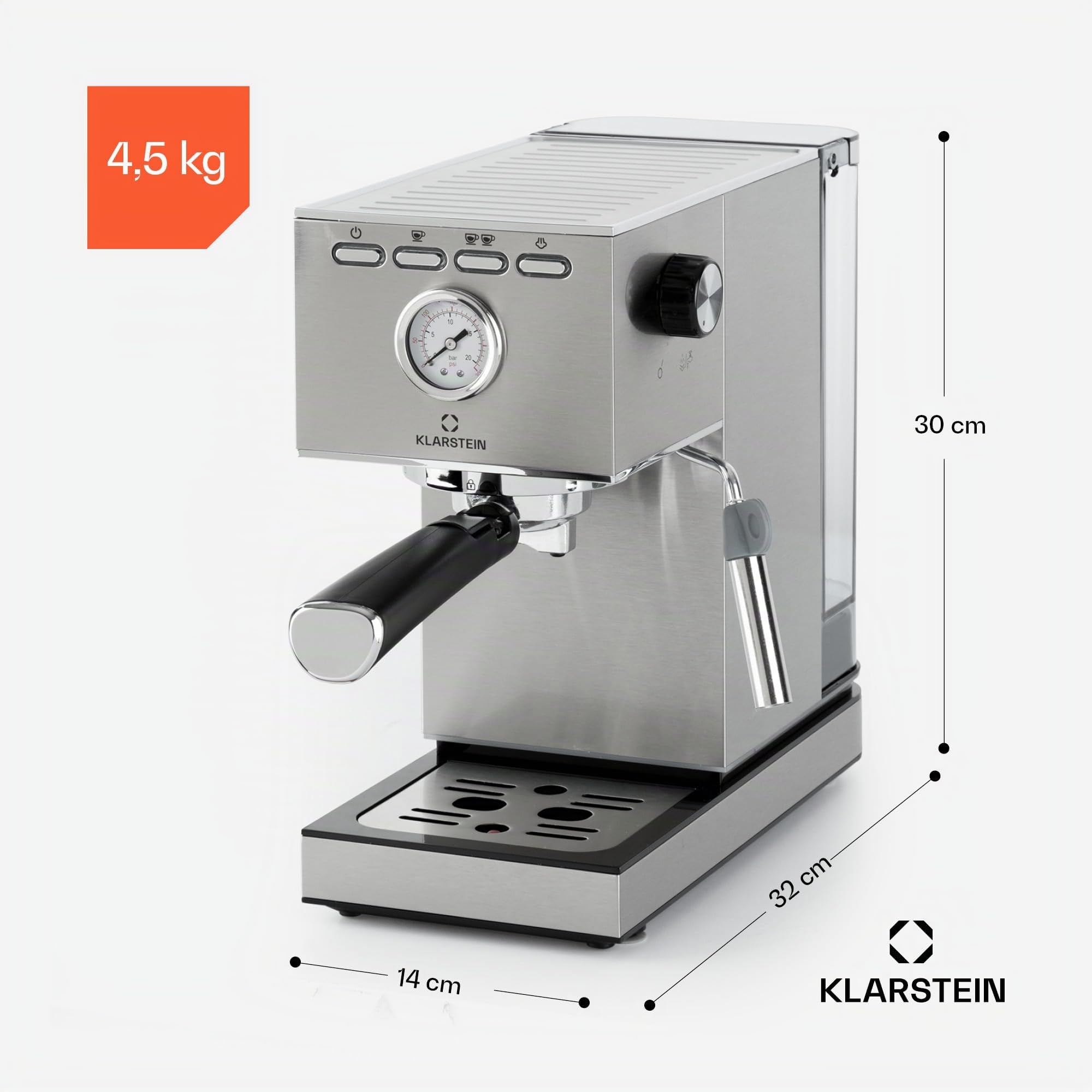 KLARSTEIN Pausa cafetera espresso, 1350 W, máquina de café, 20 bares de presión, depósito de agua: 1,4 litros, acero inoxidable, plateado