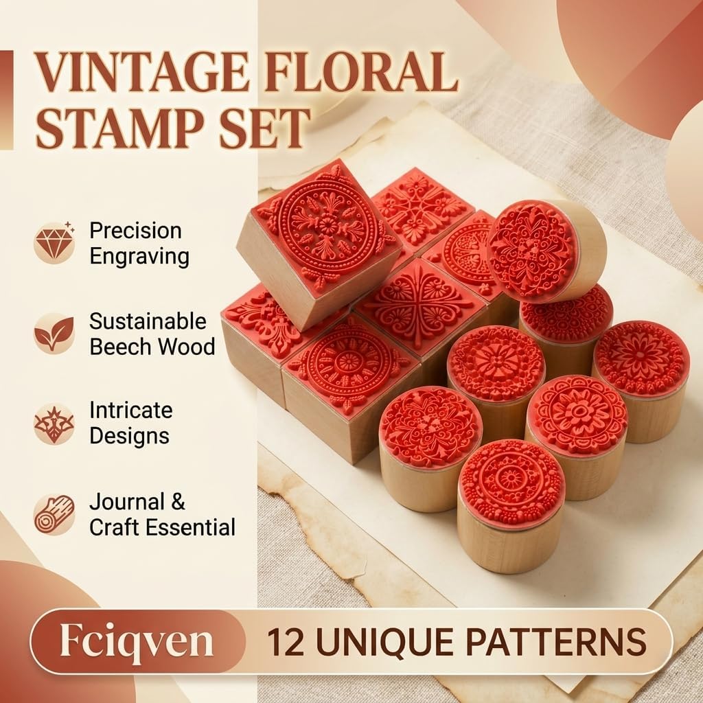 12Pcs Rubber Stamps Set Wooden Floral Pattern Decorative Embossing Stamper for Card Making, Scrapbooking Ink Stamping and Clay Pottery Crafting Supplies, DIY Arts, Journals