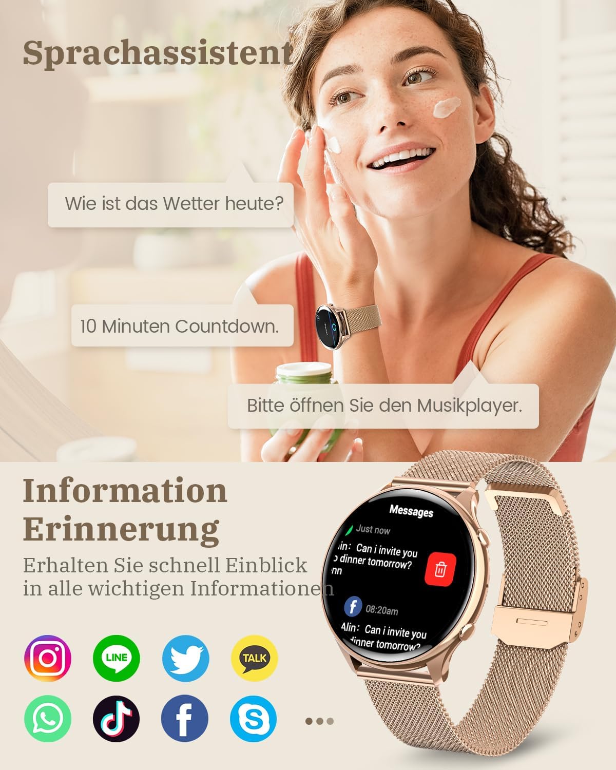 Smartwatch displaying voice assistant and message notifications