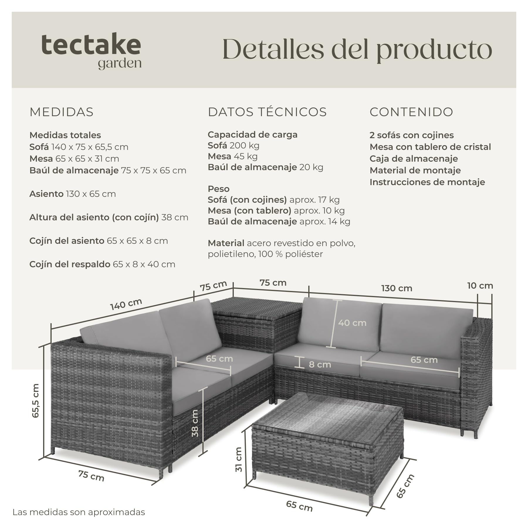 tectake® Conjunto Jardín de Ratán Combinable con Cojines Grosor 8 cm, Conjunto Terraza Acero y Resistente a la Intemperie, Muebles Jardín Exterior 2 Sofás, 1 Mesa, 1 Caja Almacenaje - Gris/Gris Claro